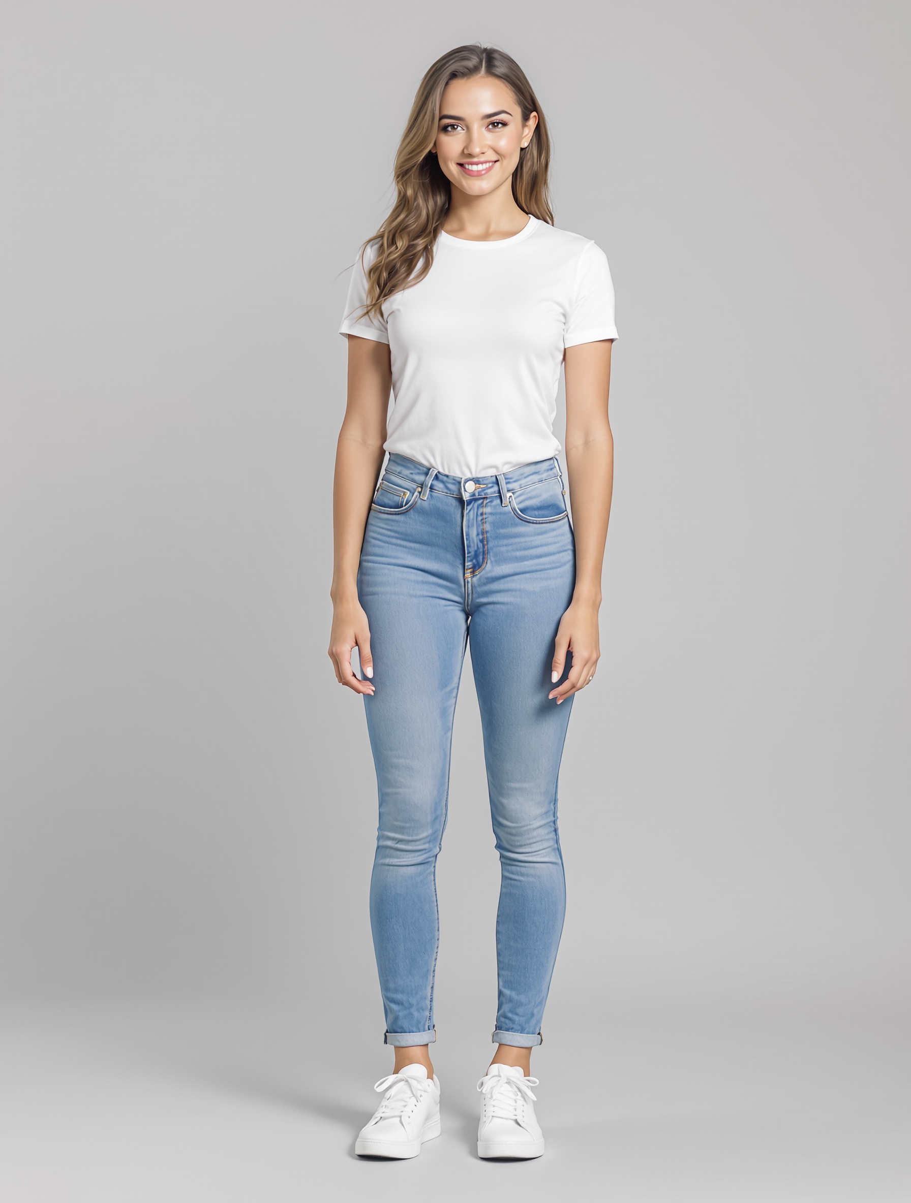 Woman in white tee and light blue skinny jeans with white sneakers