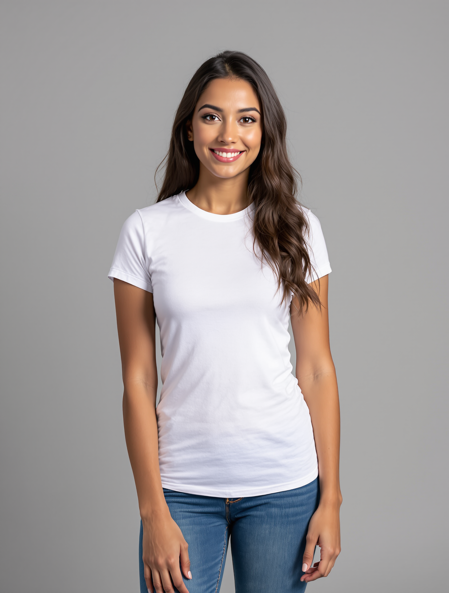 Woman in white t-shirt and blue jeans smiling at camera