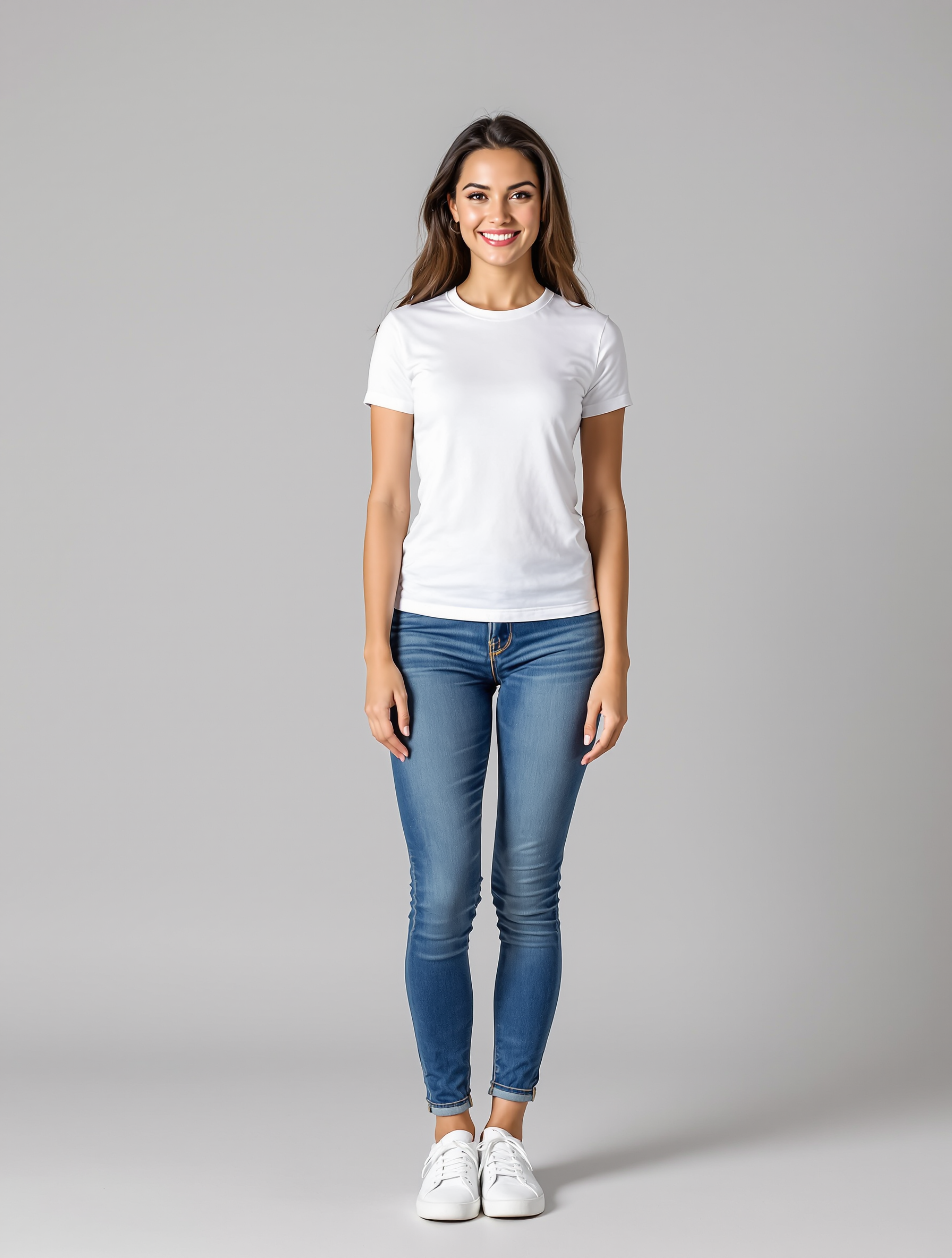 Woman in white t-shirt and blue skinny jeans standing against gray background