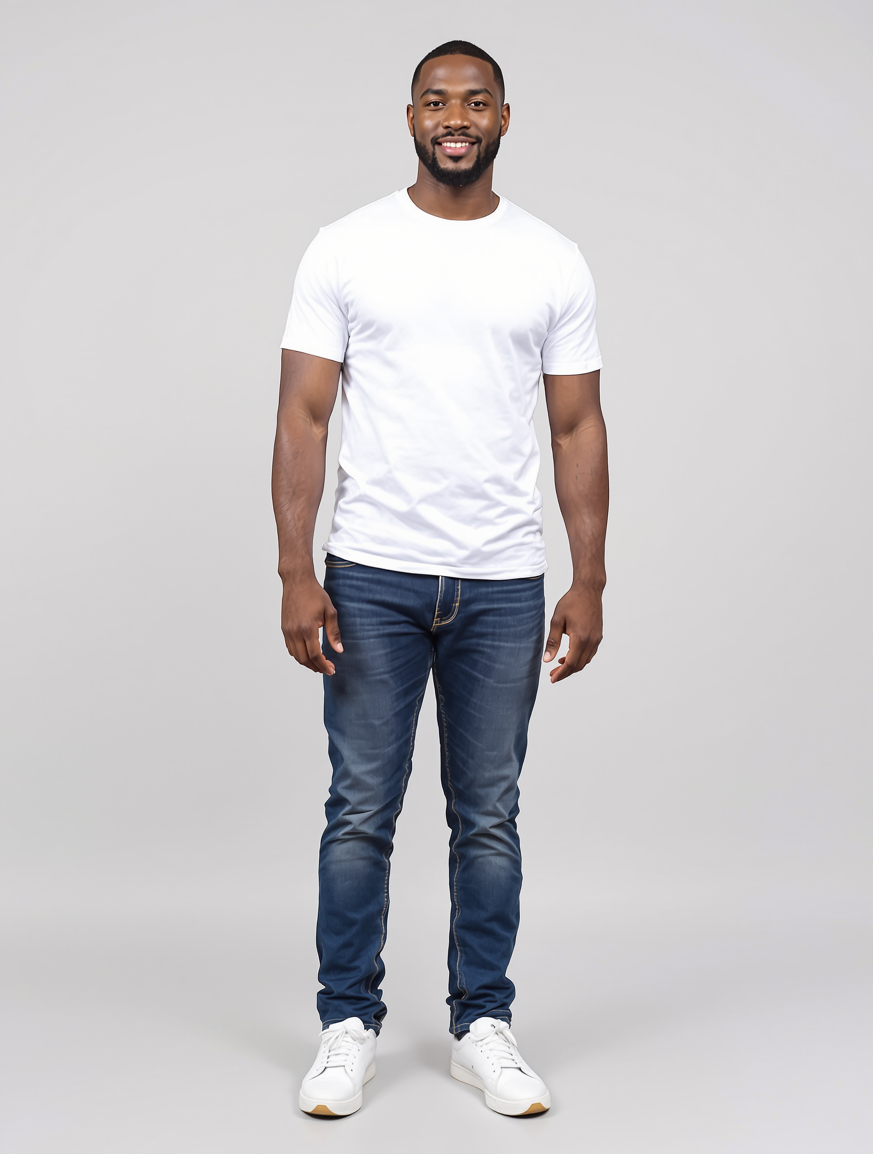 Man in white crew neck tee and dark jeans standing portrait