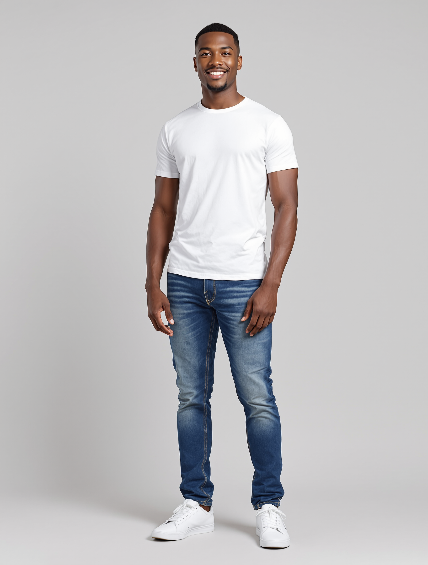 Man in white t-shirt and blue jeans with white sneakers