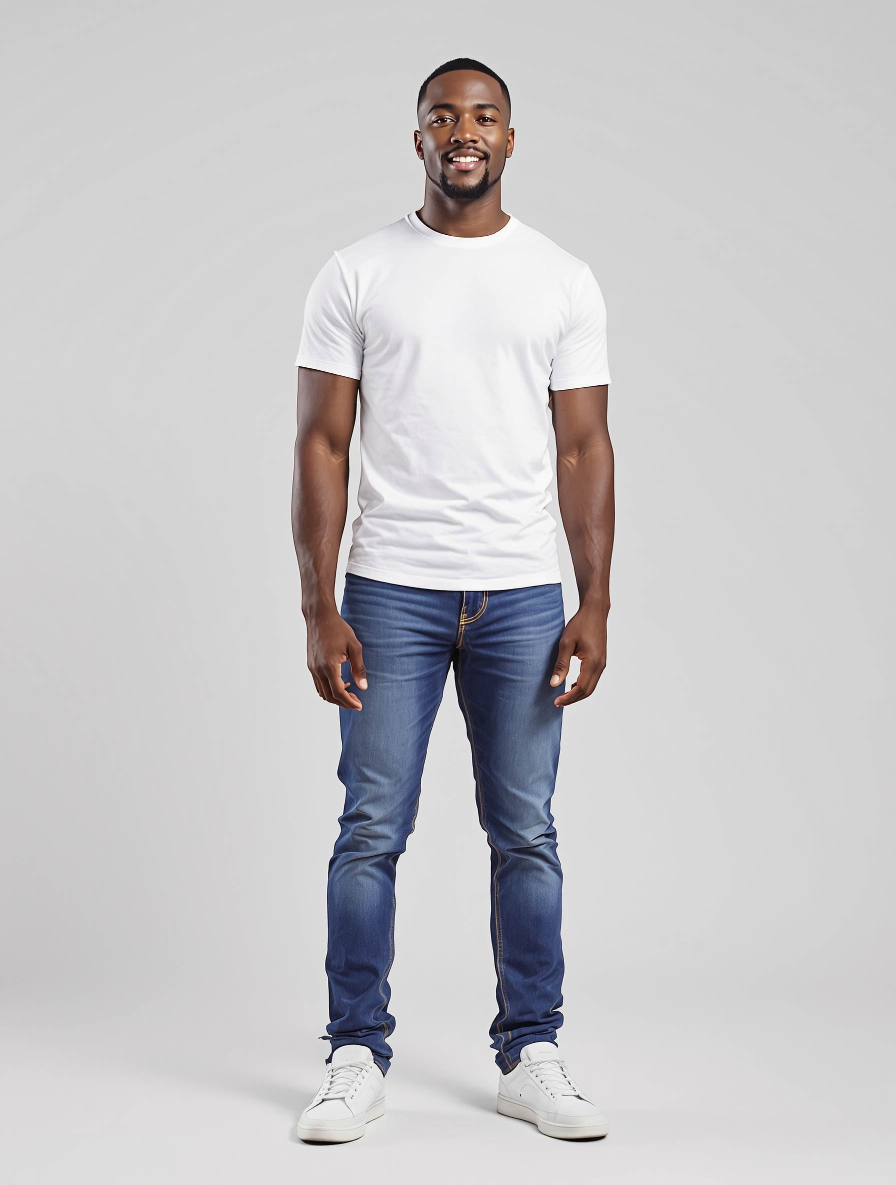 Man in white t-shirt and blue jeans standing against neutral background
