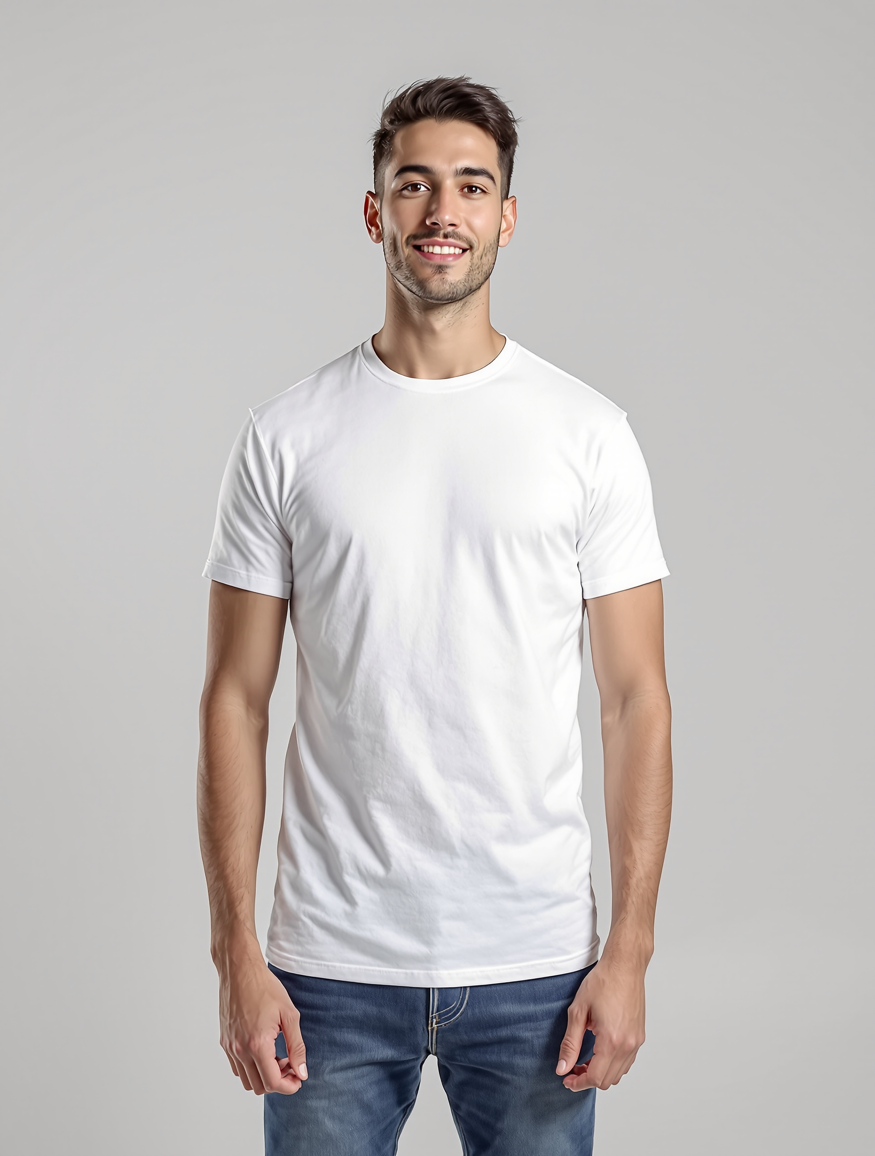 Man in white crewneck tee and blue jeans smiling