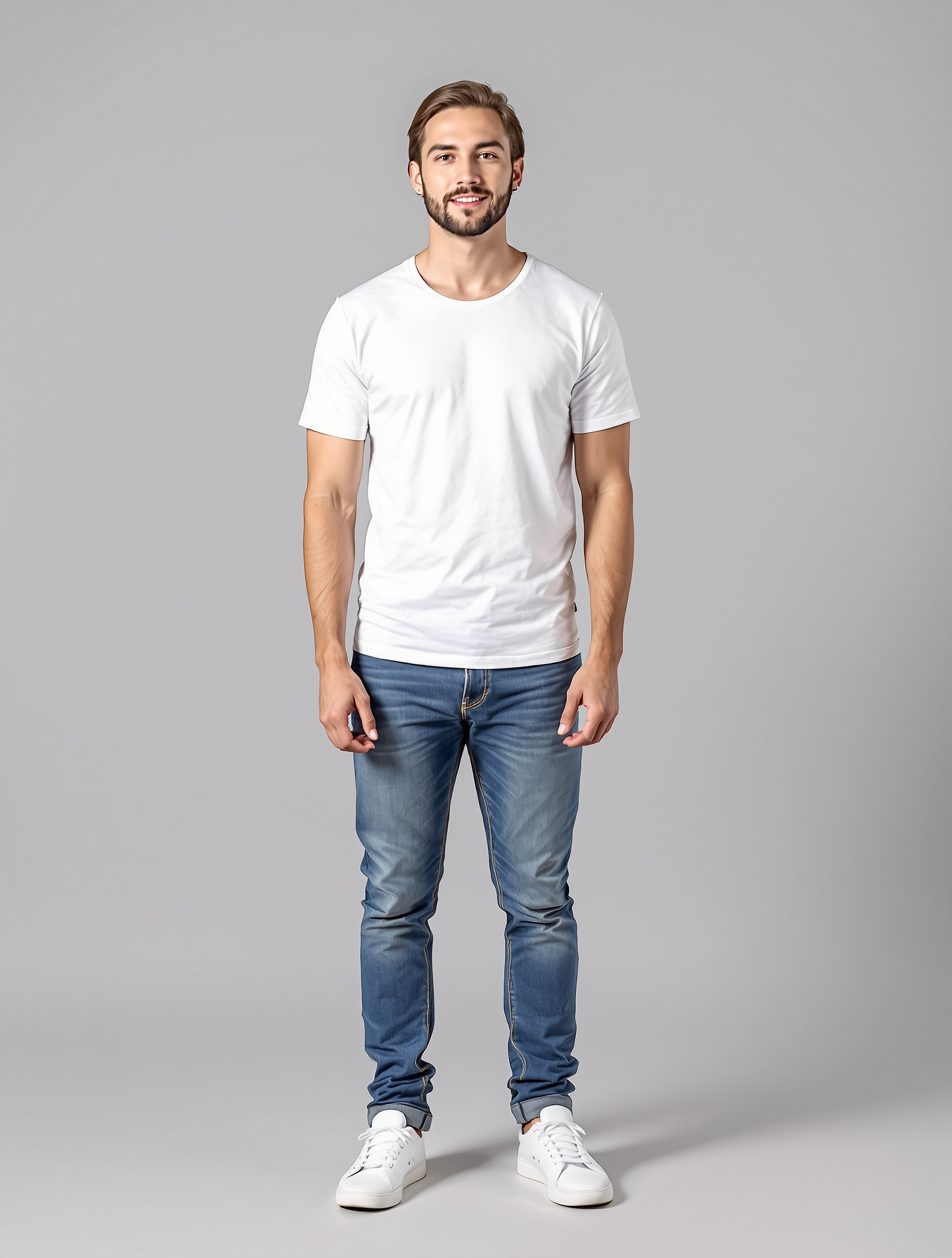 Man in white t-shirt and blue jeans standing against gray background