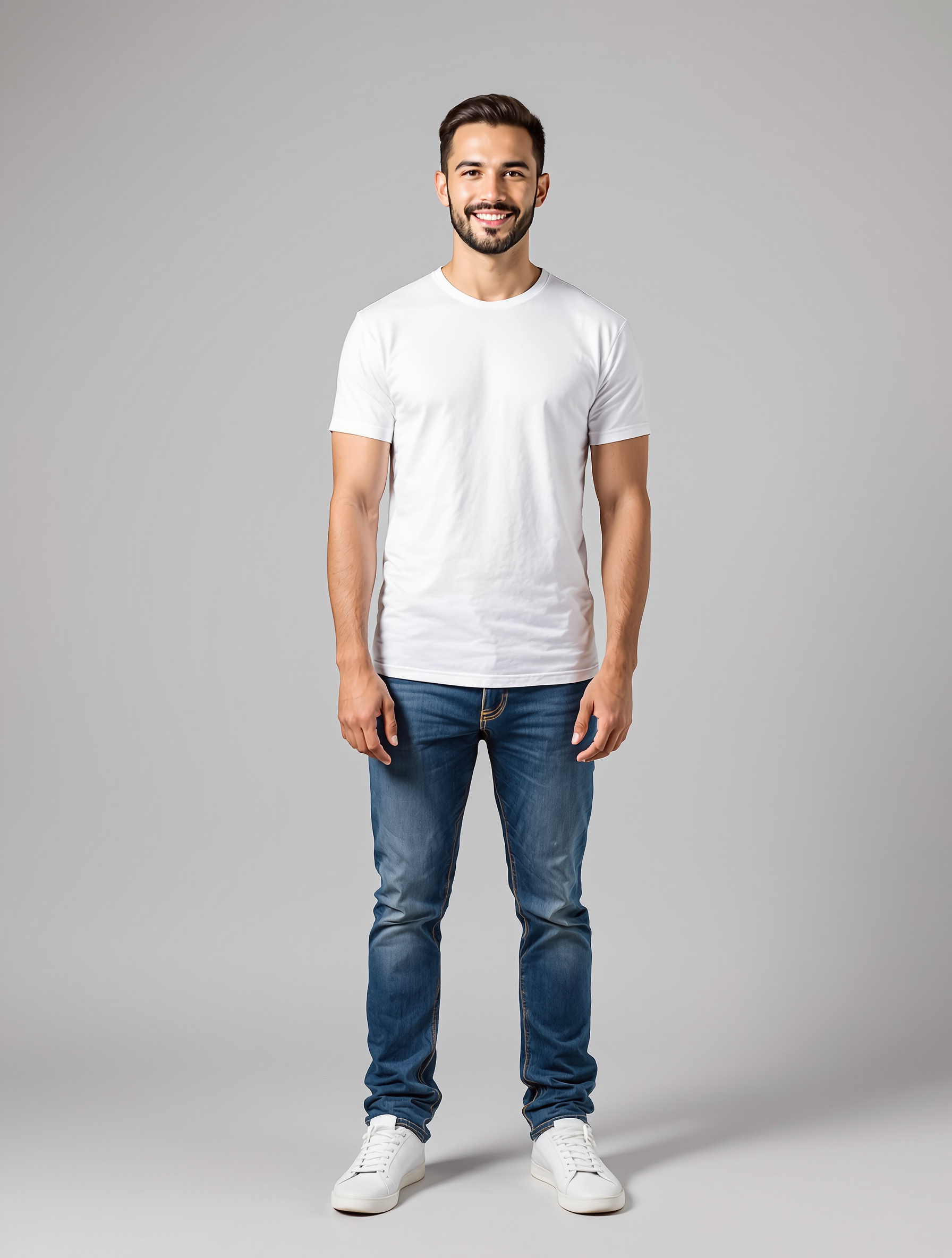 Man in white t-shirt and dark jeans standing against gray background