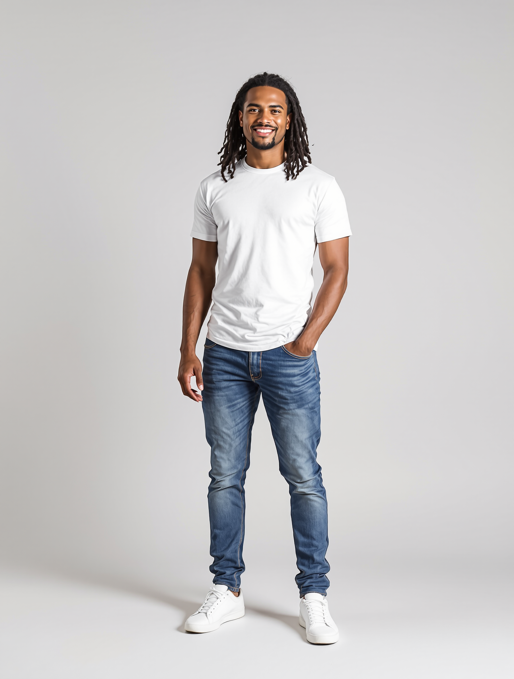 Man with locs in white tee and blue jeans standing against gray background