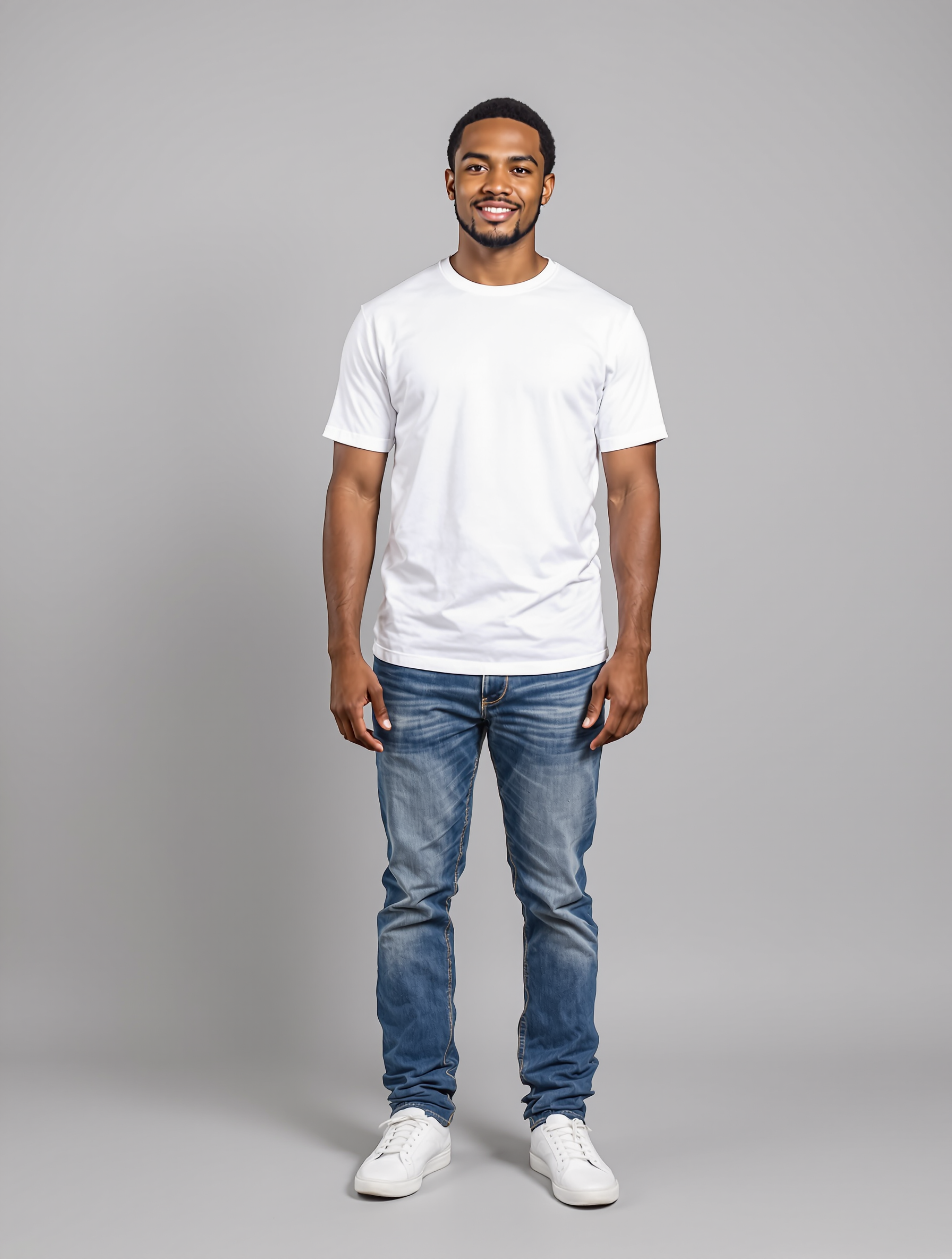 Man in white t-shirt and blue jeans standing against gray background