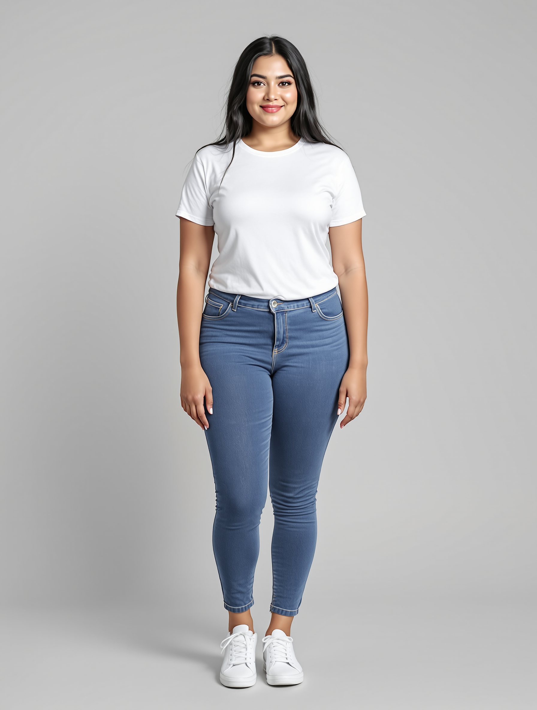 Woman in white t-shirt and blue skinny jeans with white sneakers