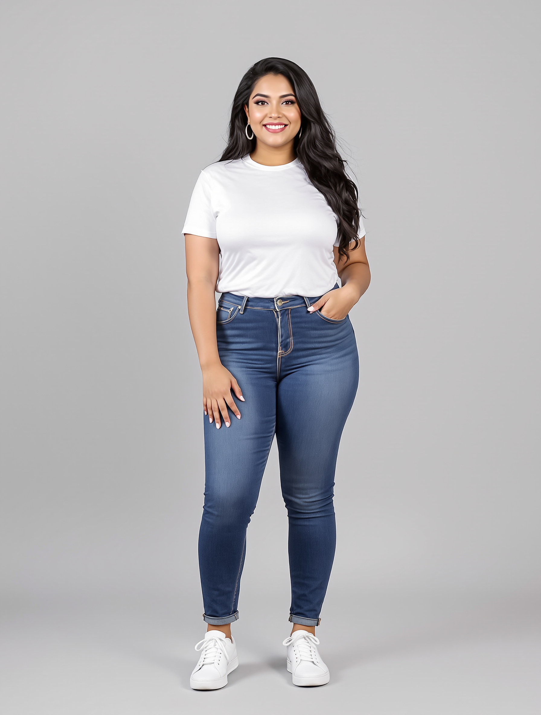 Person in white tee and dark blue jeans with white sneakers