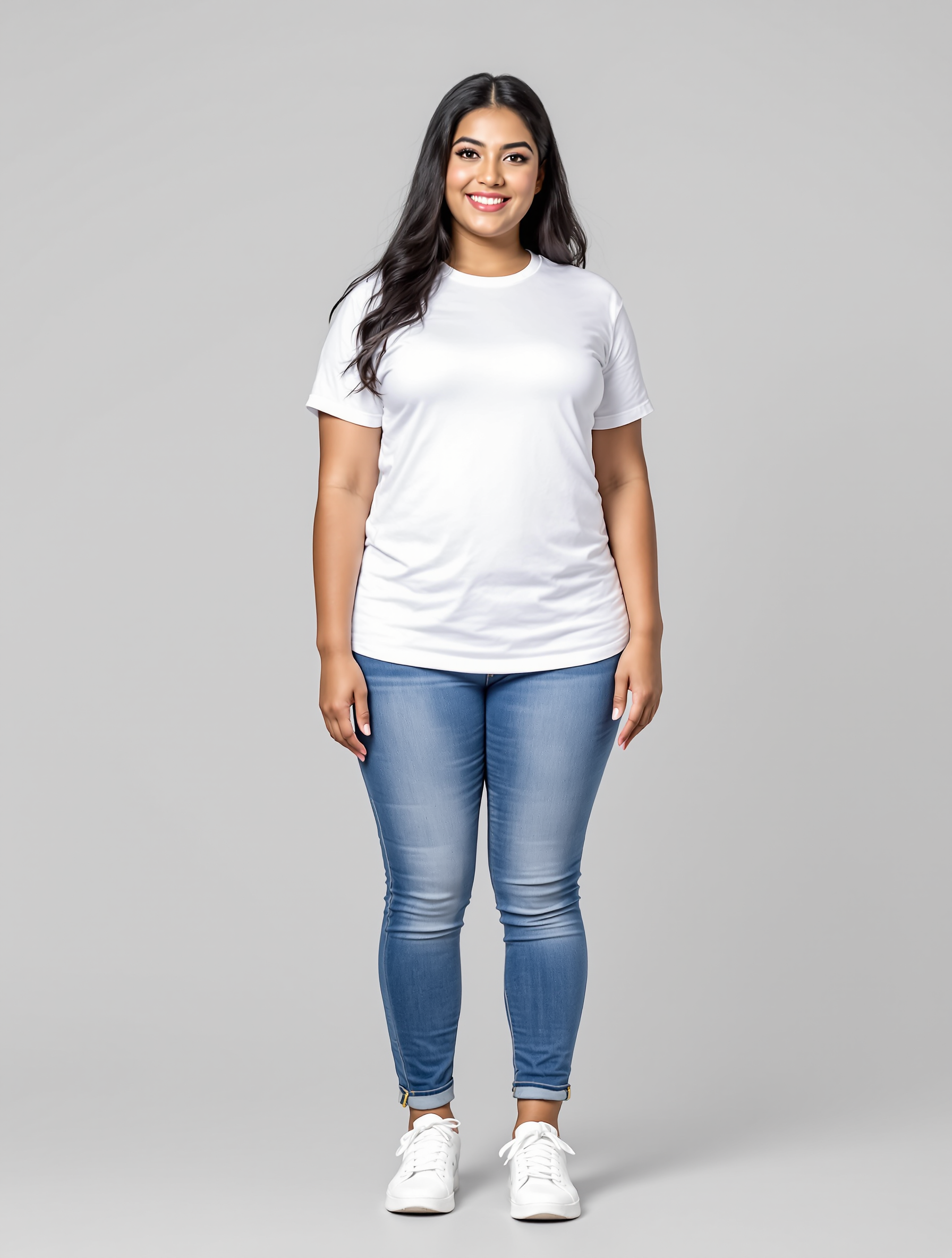 Woman in white t-shirt and rolled blue jeans with white sneakers
