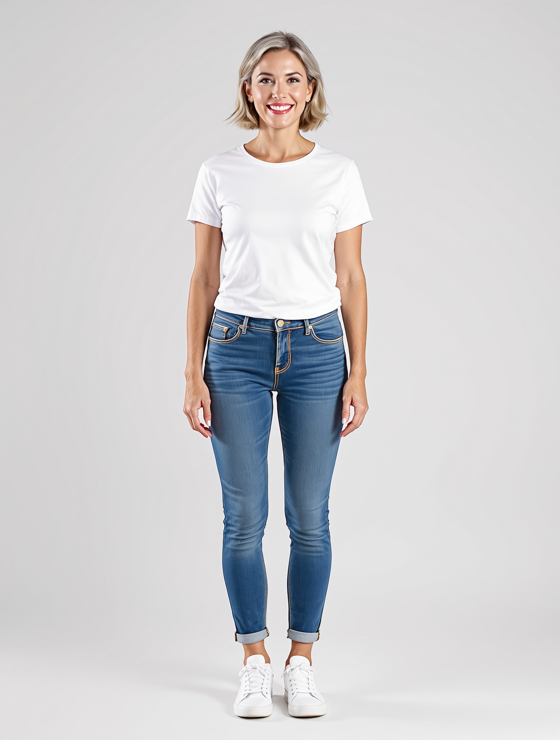 Woman in white t-shirt and rolled cuff blue jeans