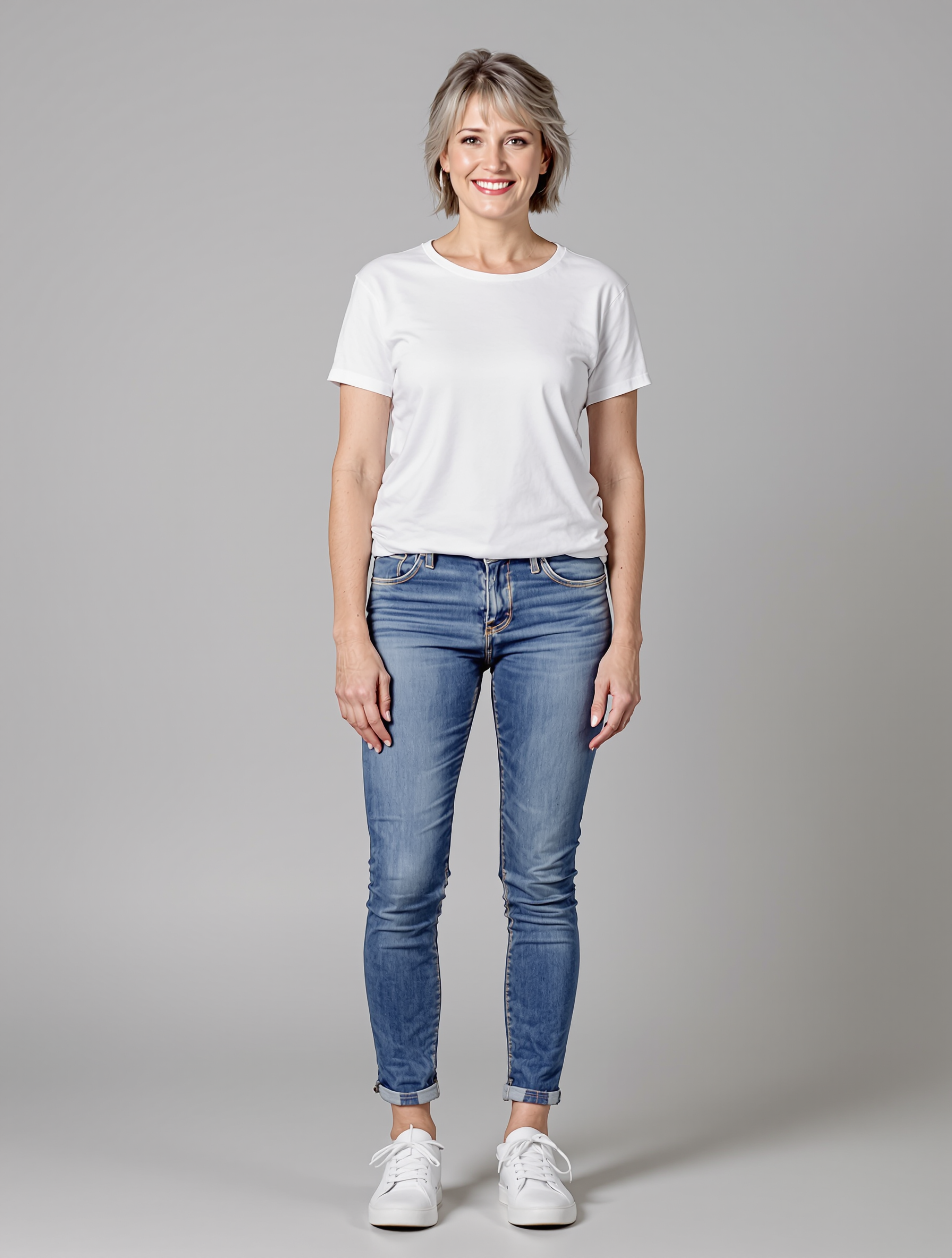 Woman in white t-shirt and rolled blue jeans with white sneakers