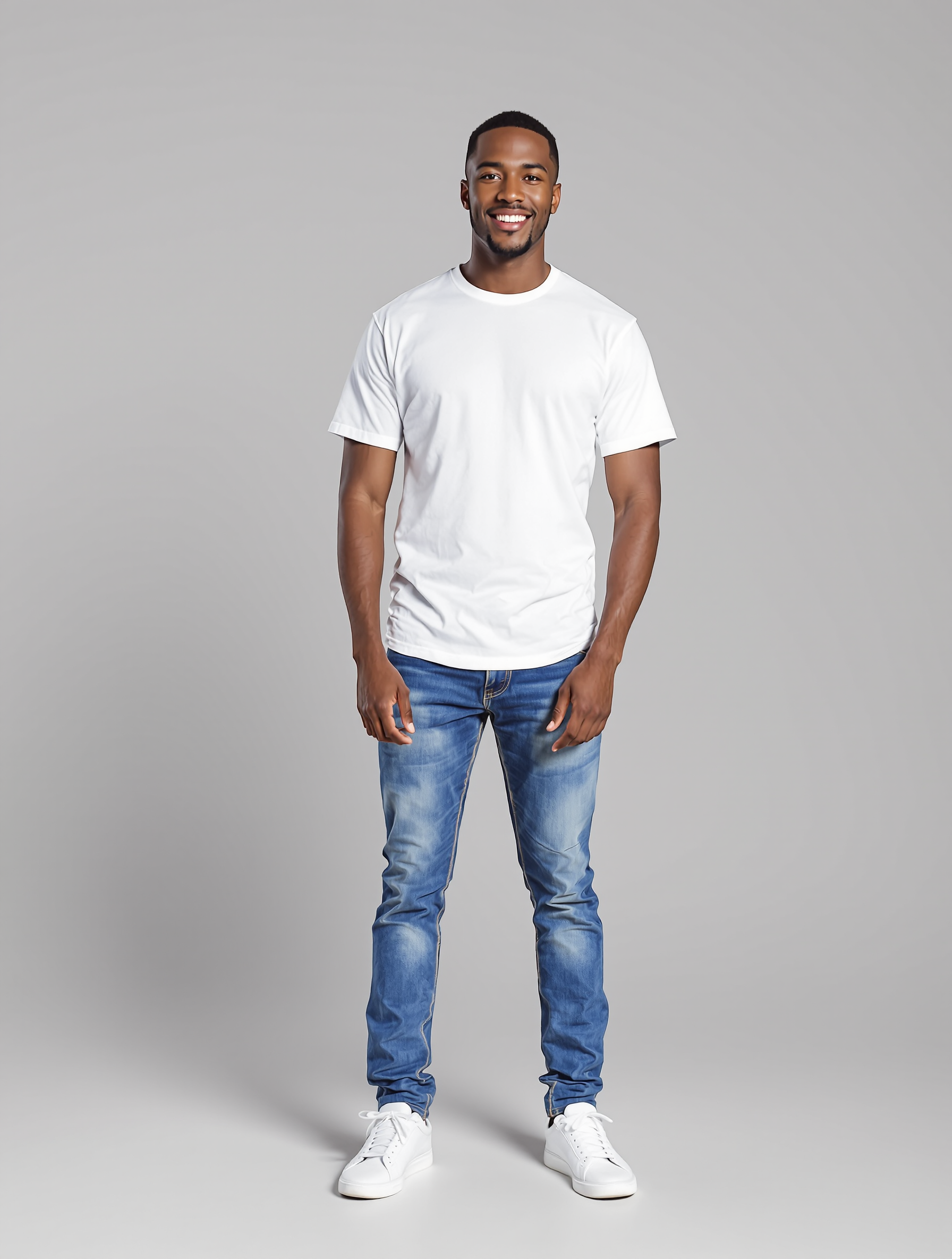 Man in white t-shirt and blue jeans smiling at camera