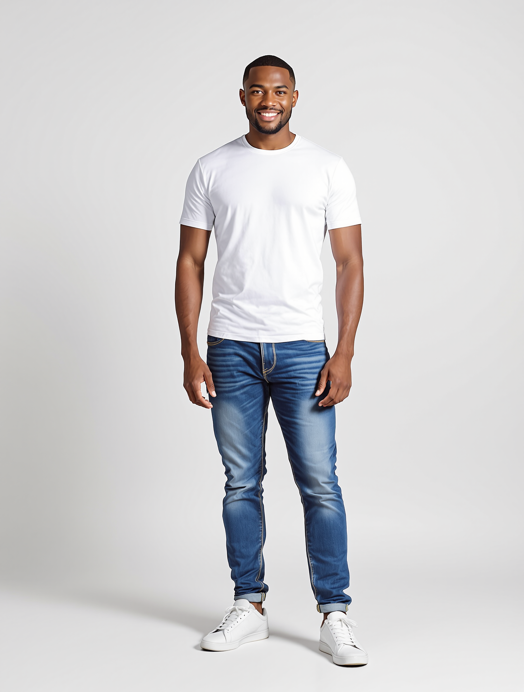 Man in white t-shirt and blue jeans with white sneakers