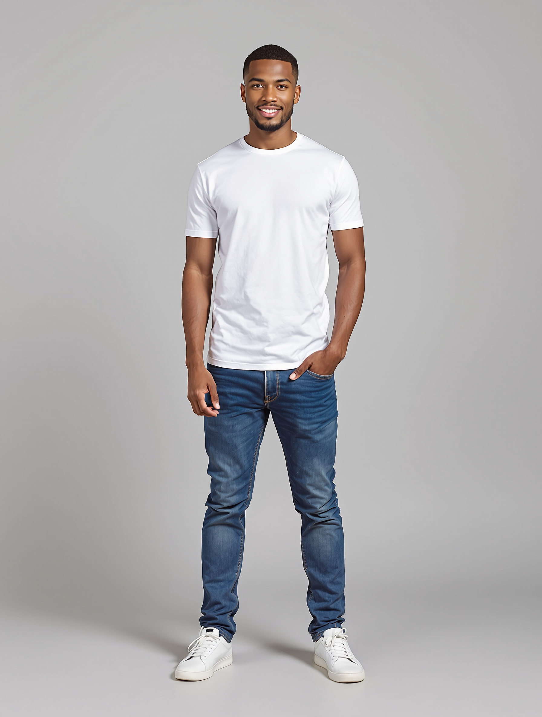 Man in white crew neck t-shirt and blue jeans standing against gray backdrop