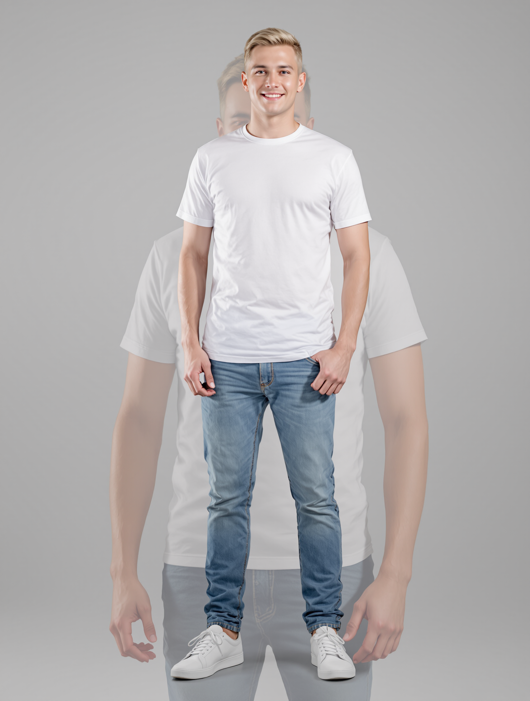 Man in white t-shirt and blue jeans with ghost figure overlay