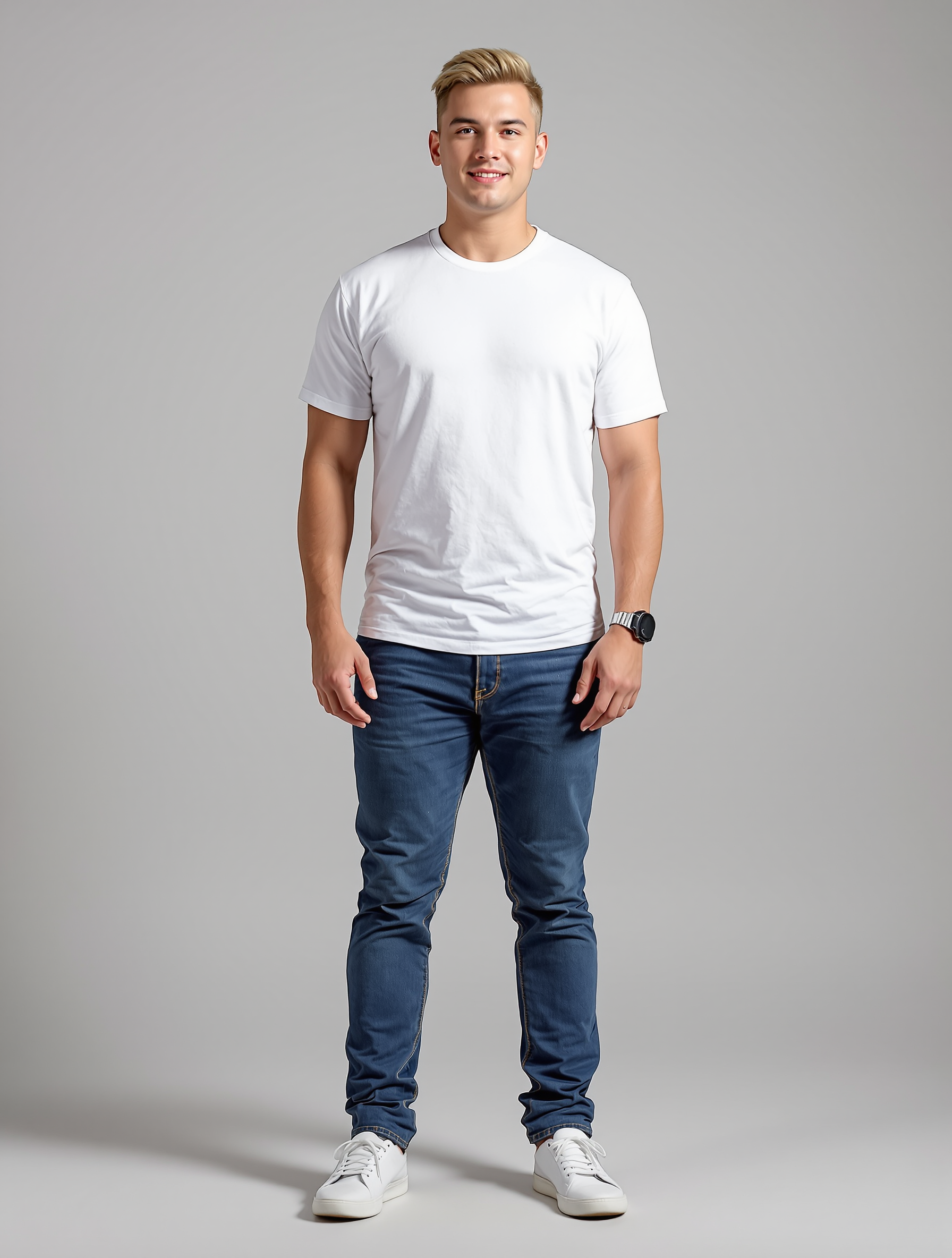 Man in white t-shirt and dark jeans with white sneakers
