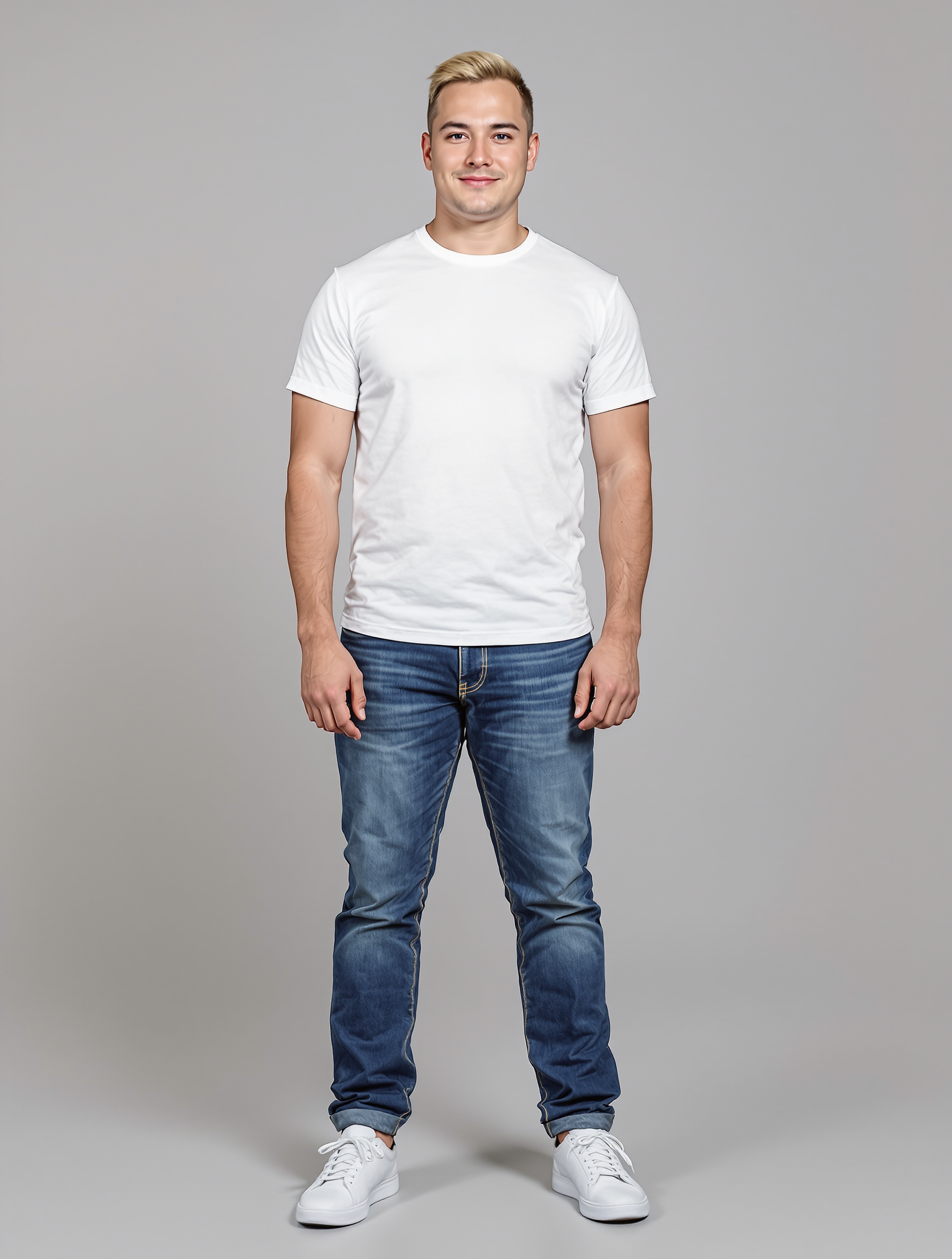 Man in white t-shirt and blue jeans standing against gray background