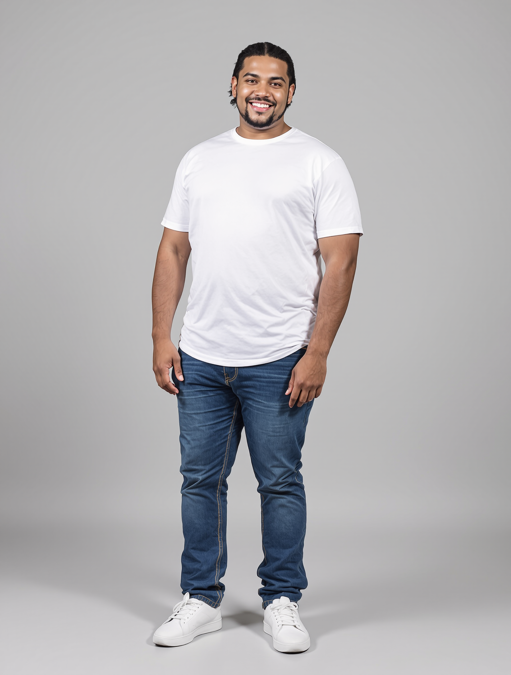 Man in white t-shirt and blue jeans smiling at camera