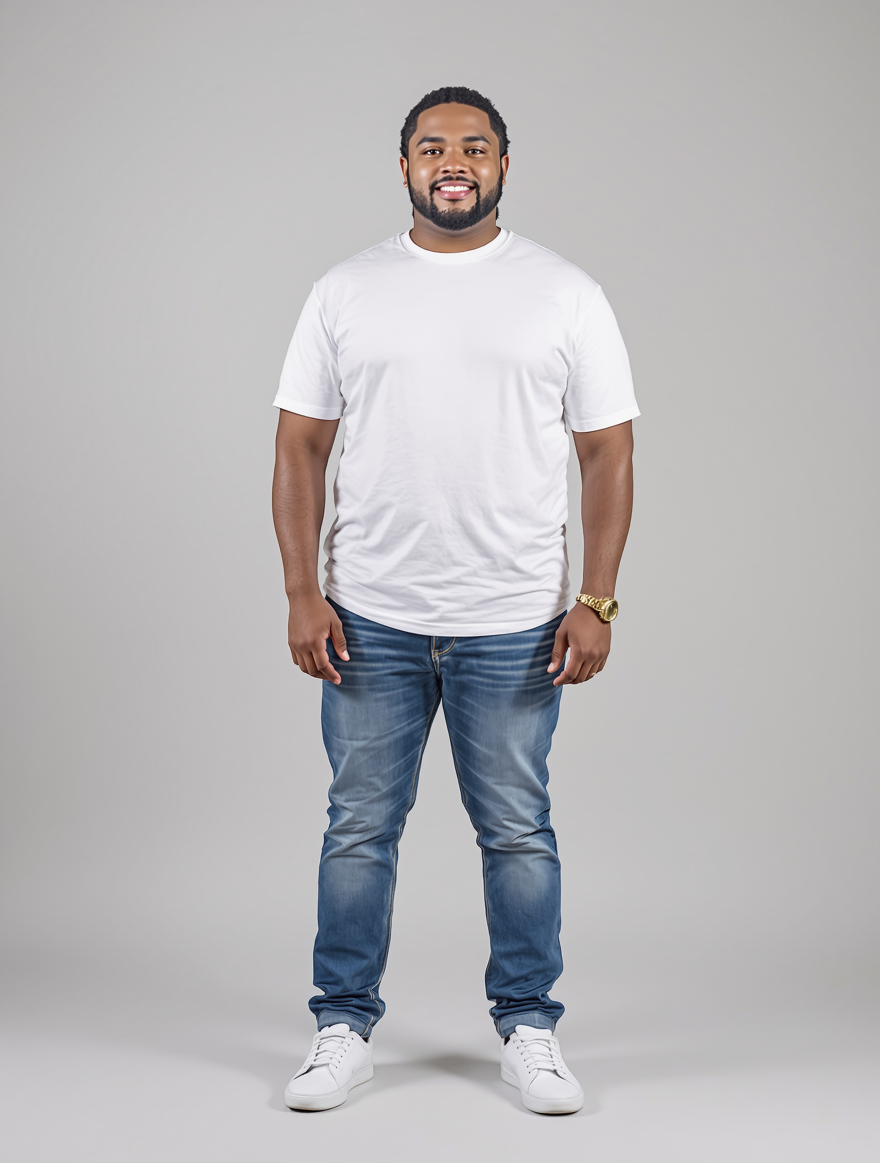 Man in white t-shirt and blue jeans standing against neutral background