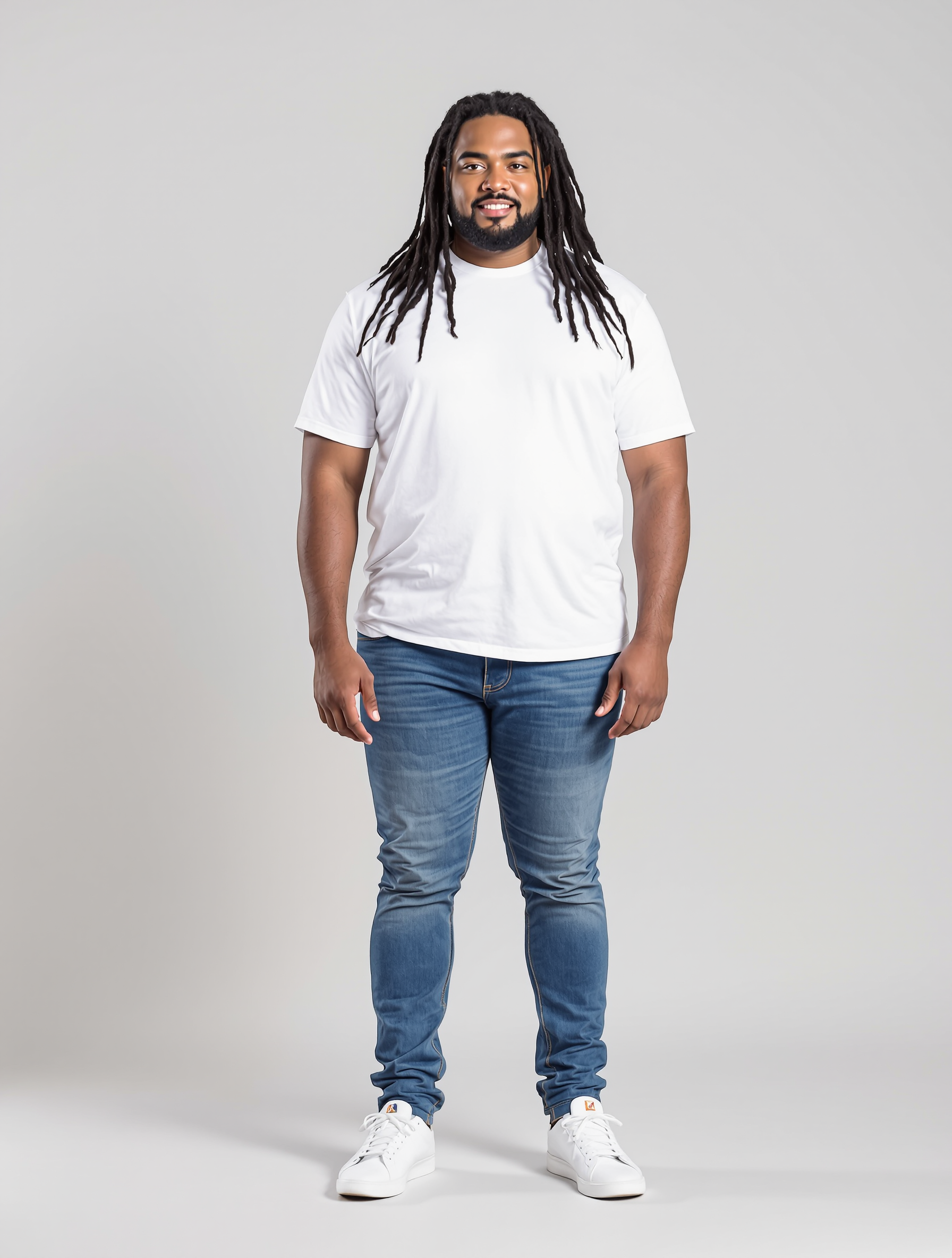 Man with long braids wearing white tee and blue jeans