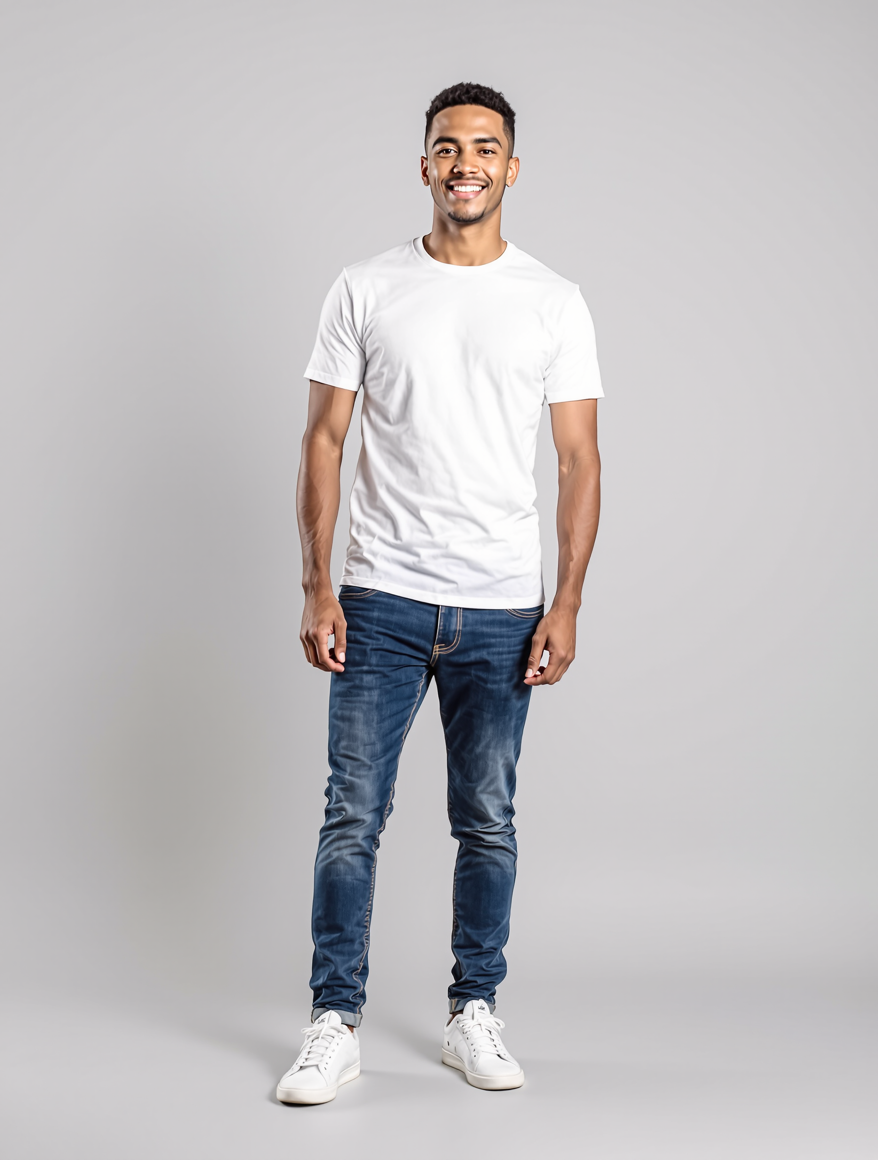 Man in white t-shirt and dark jeans with white sneakers