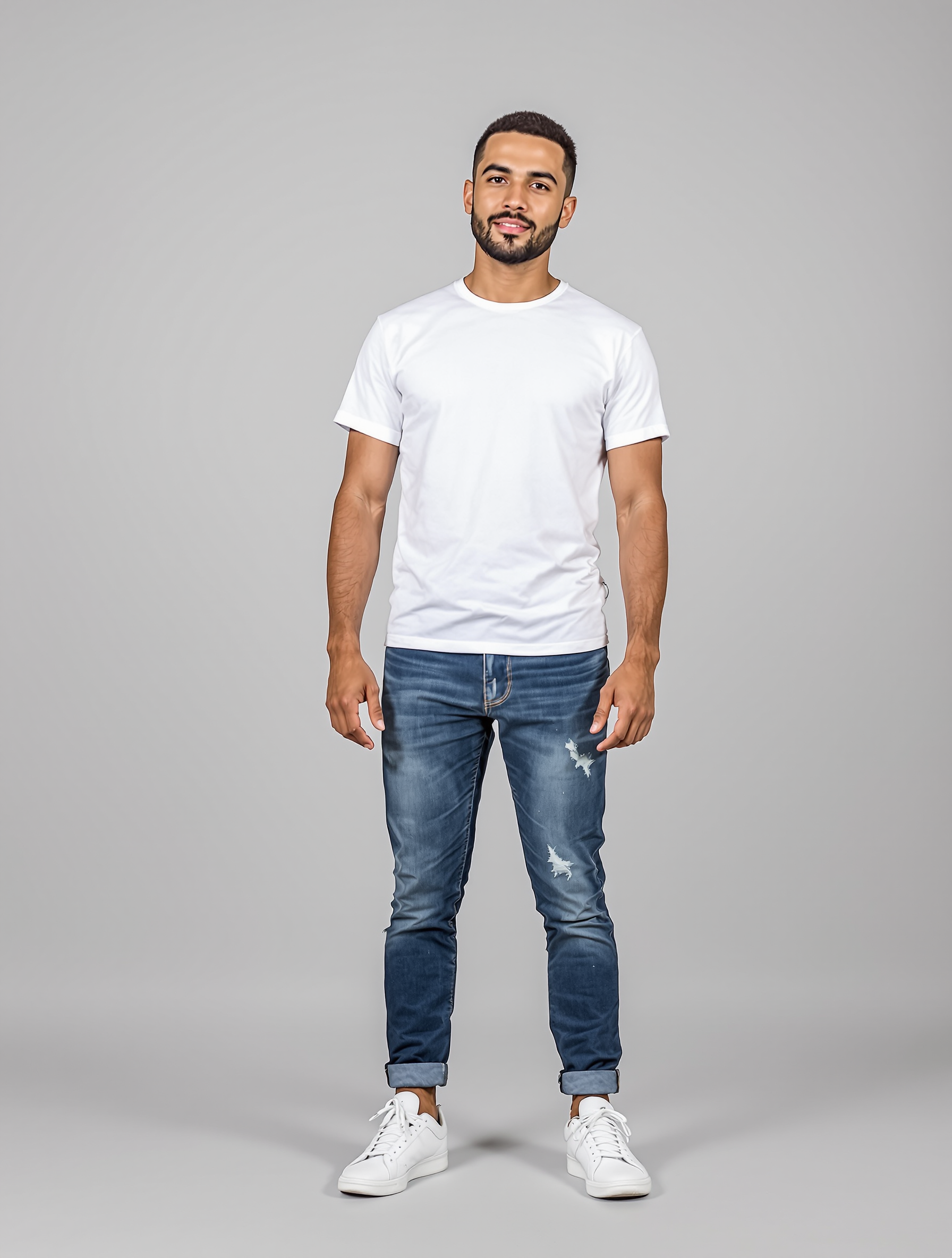 Man in white t-shirt and distressed dark denim jeans