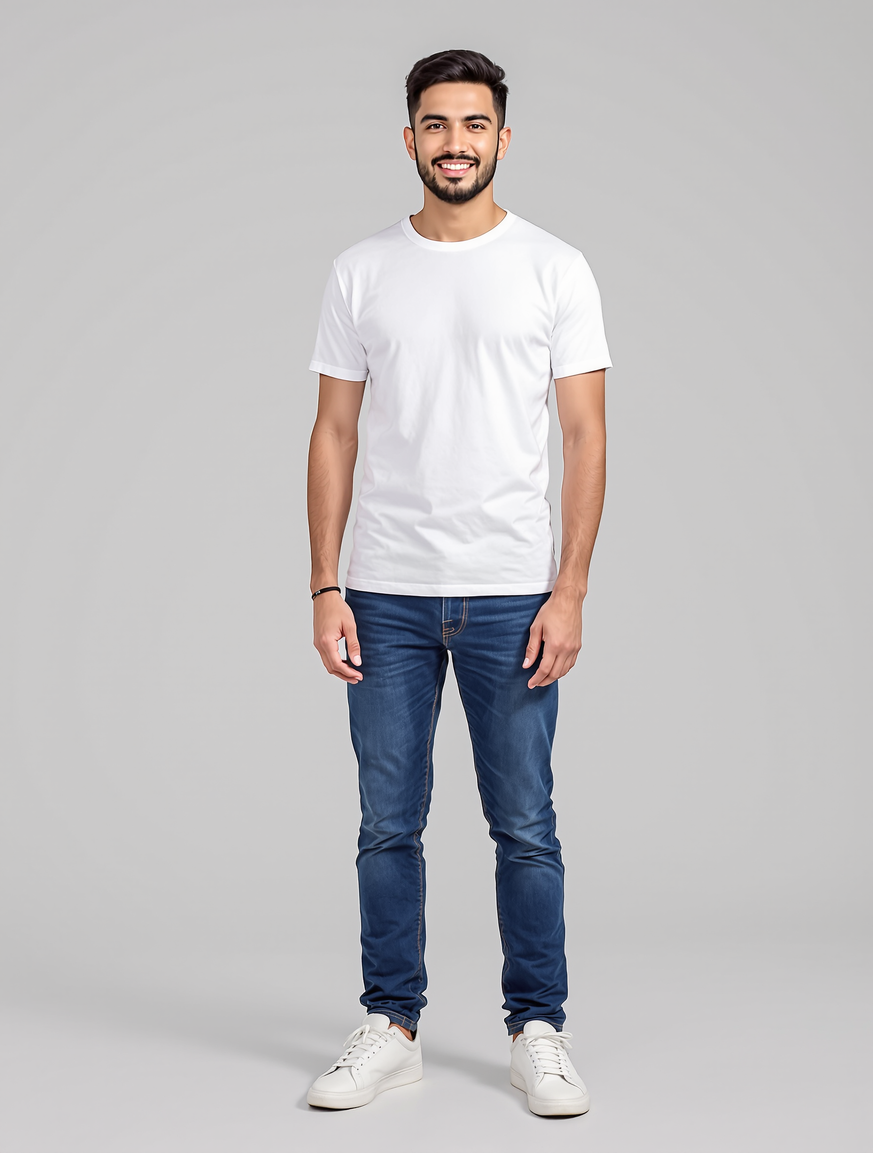 Man in white t-shirt and dark jeans with white sneakers