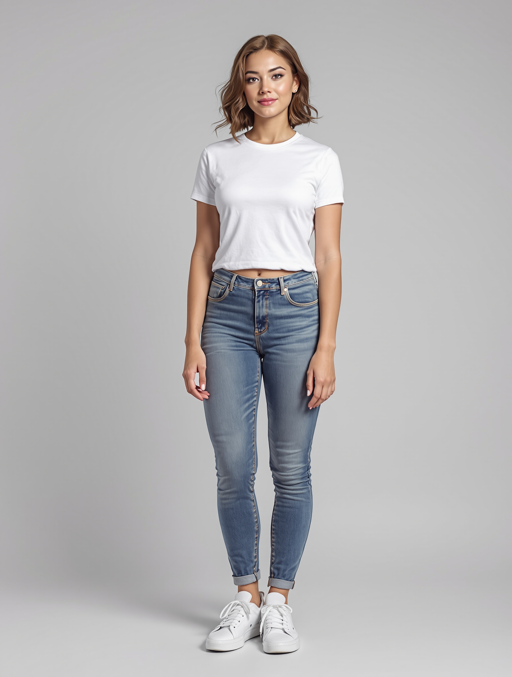 Woman in white t-shirt and blue jeans with white sneakers