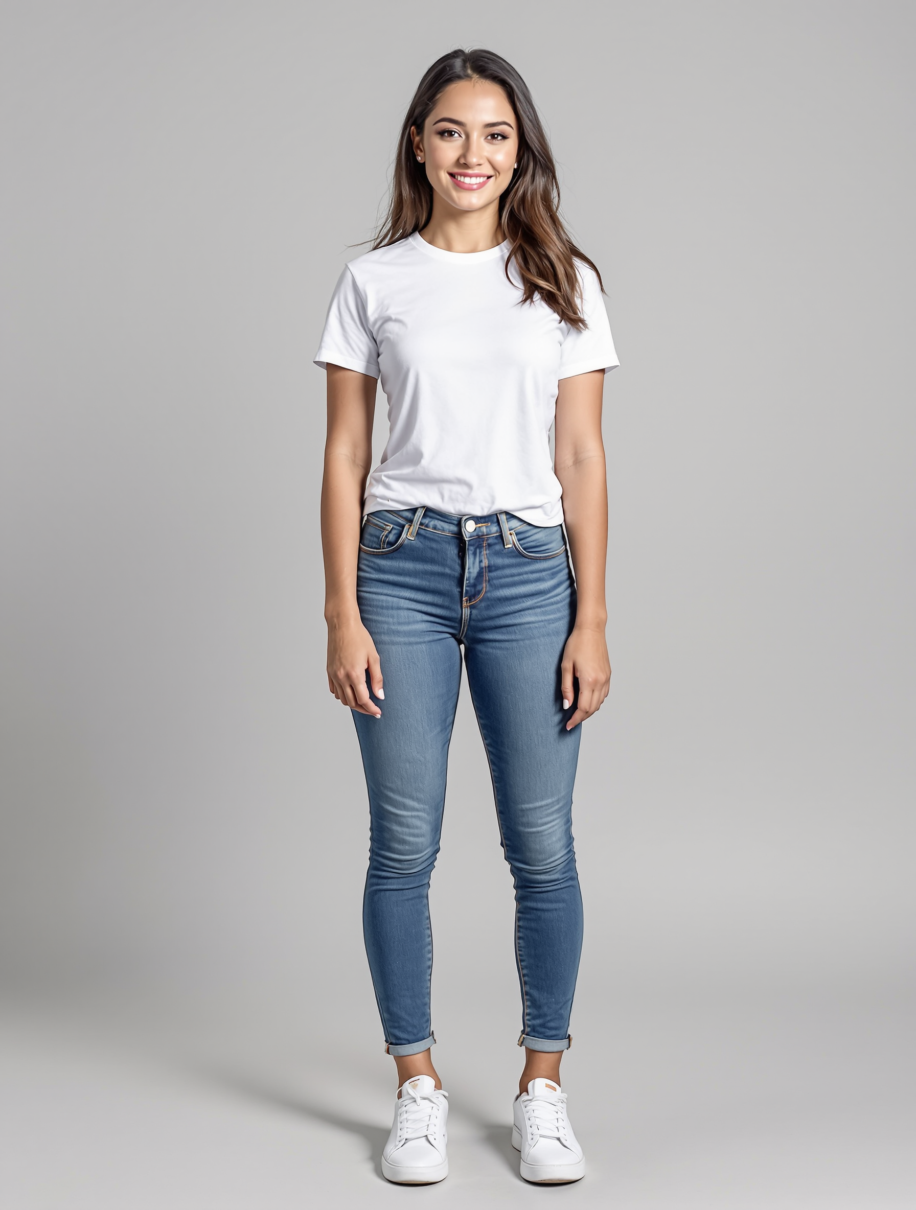 Woman in white t-shirt and blue skinny jeans with white sneakers
