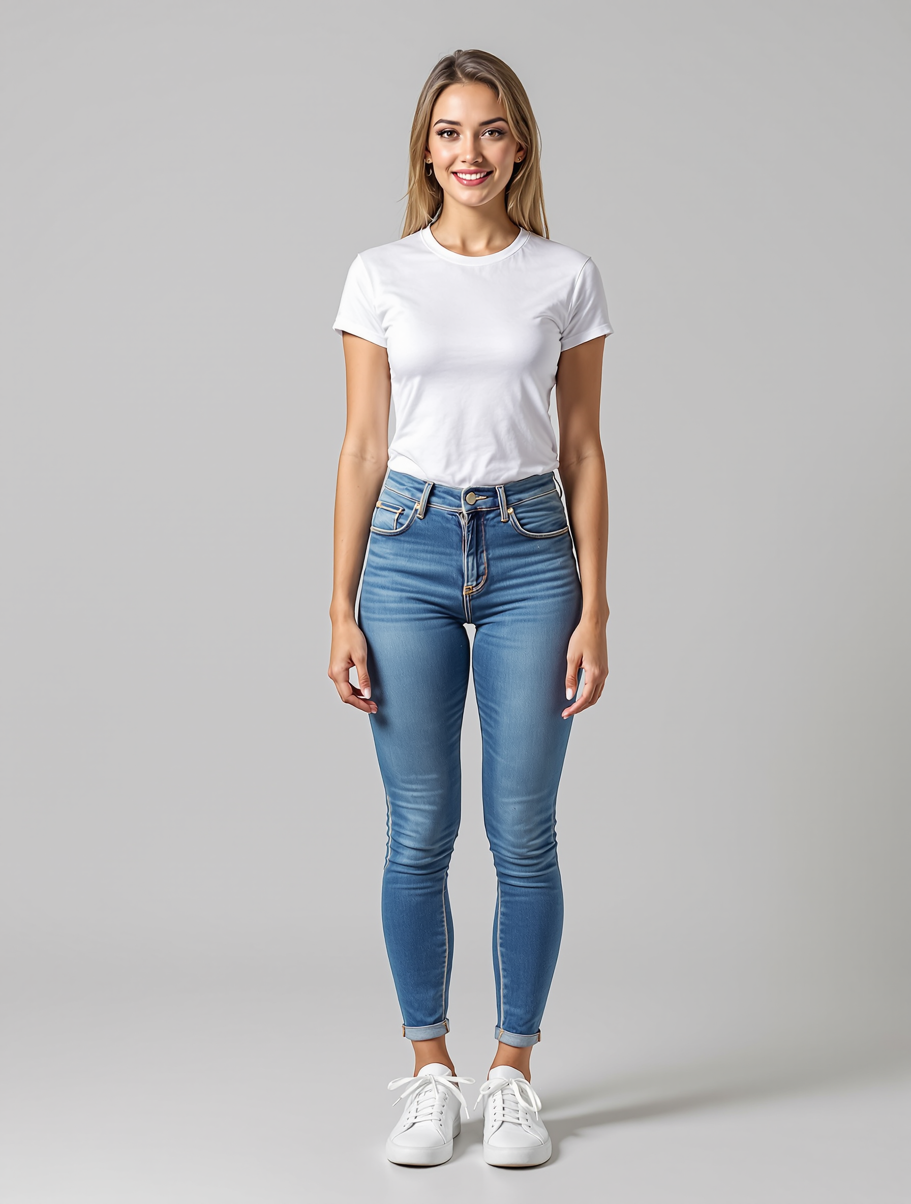 Woman in white tee and cuffed blue jeans with white sneakers