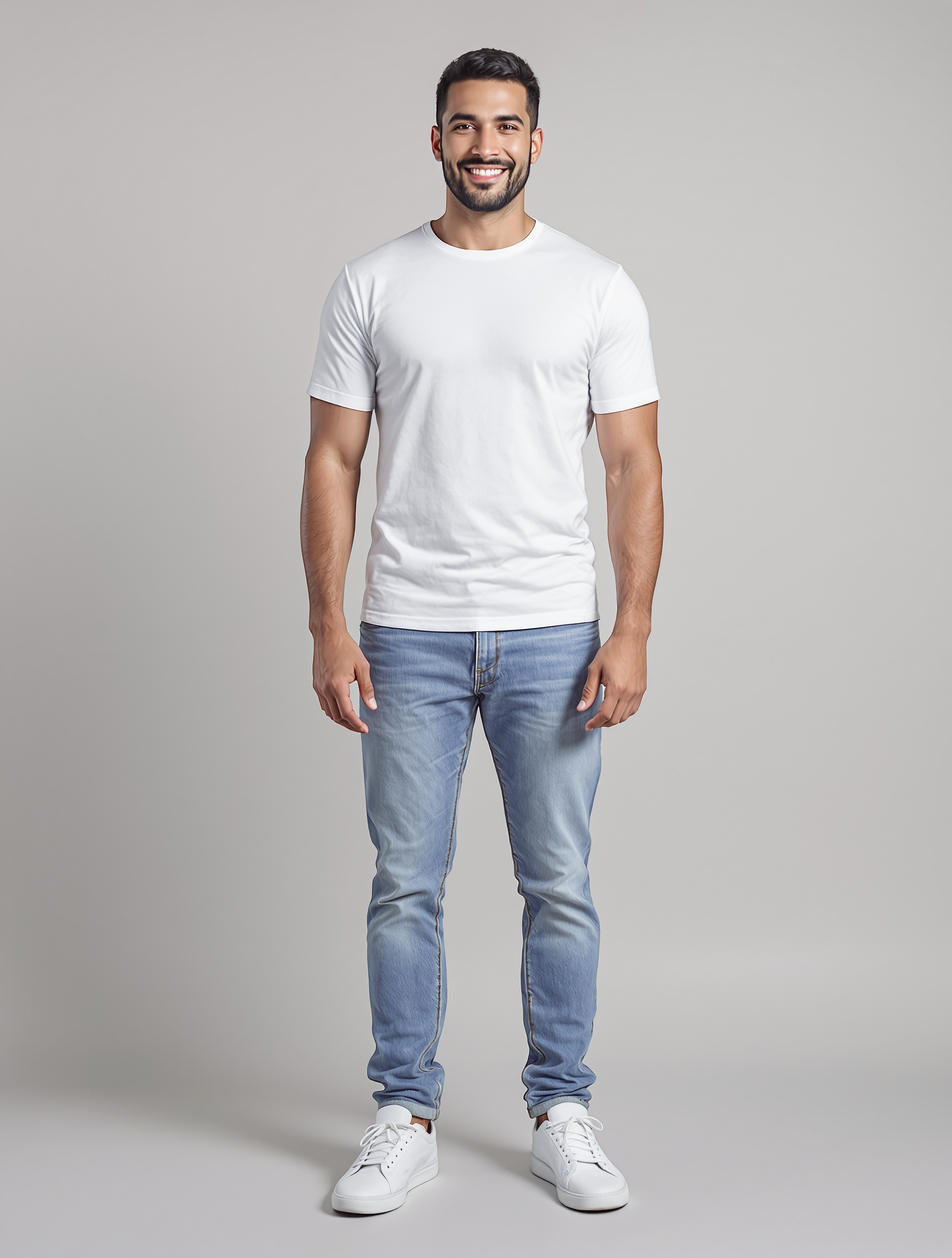Man in white t-shirt and light blue jeans smiling at camera