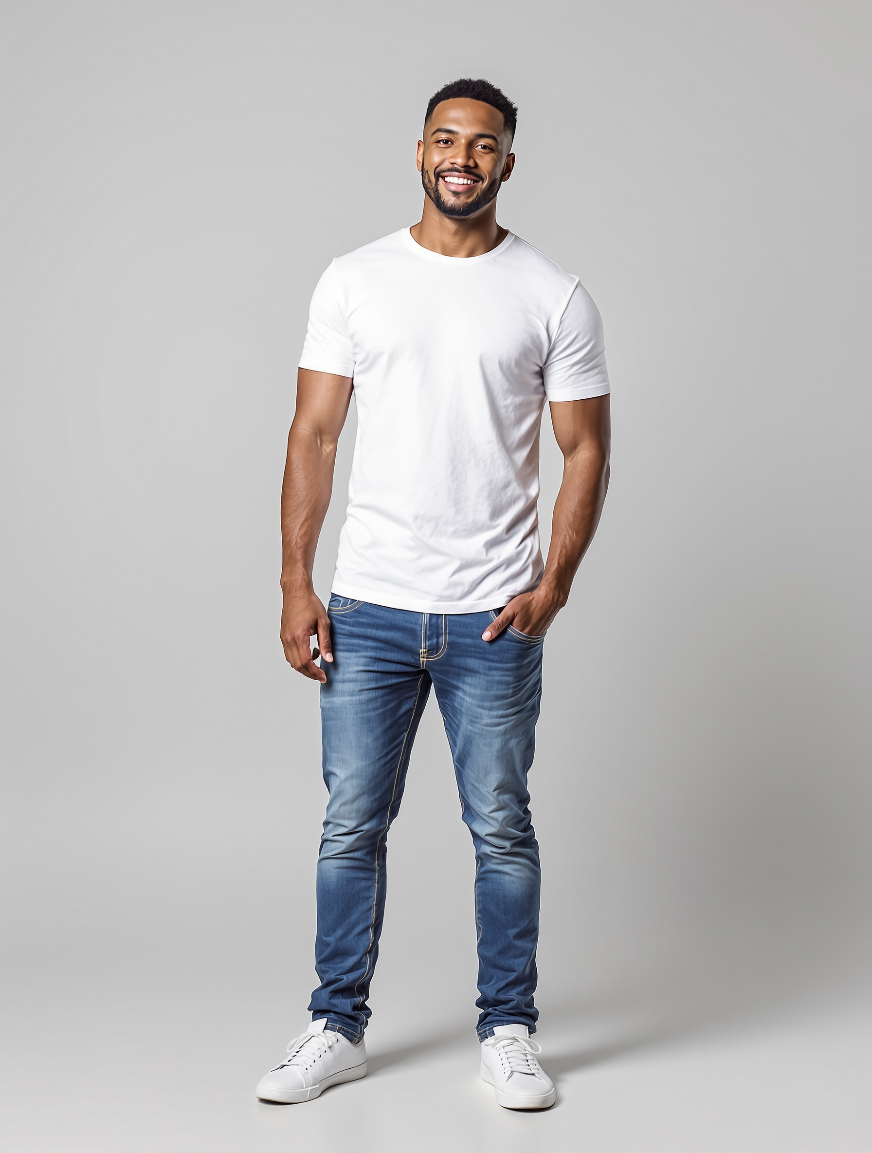 Man in white t-shirt and blue jeans standing against gray background