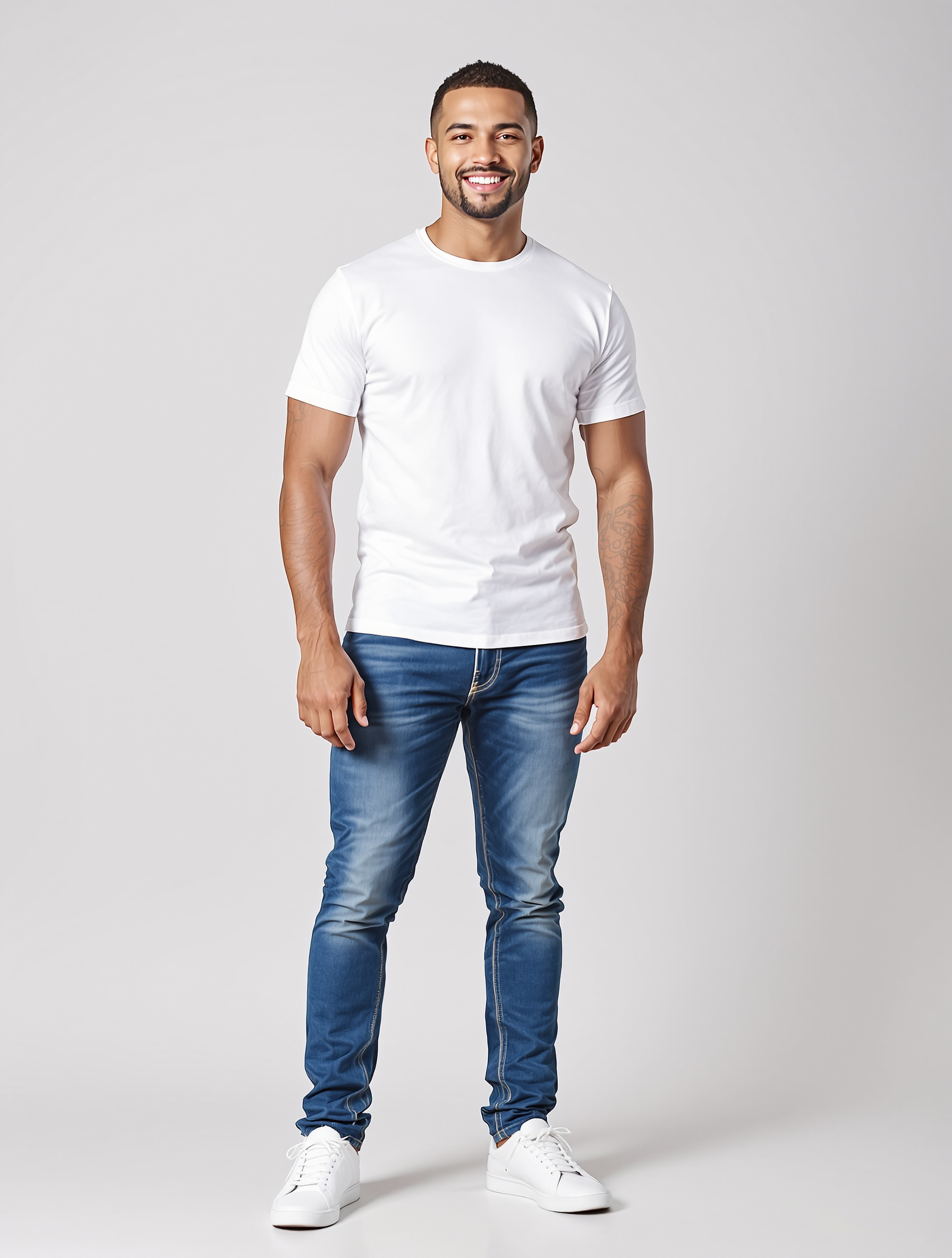 Man in white t-shirt and blue jeans standing against gray background