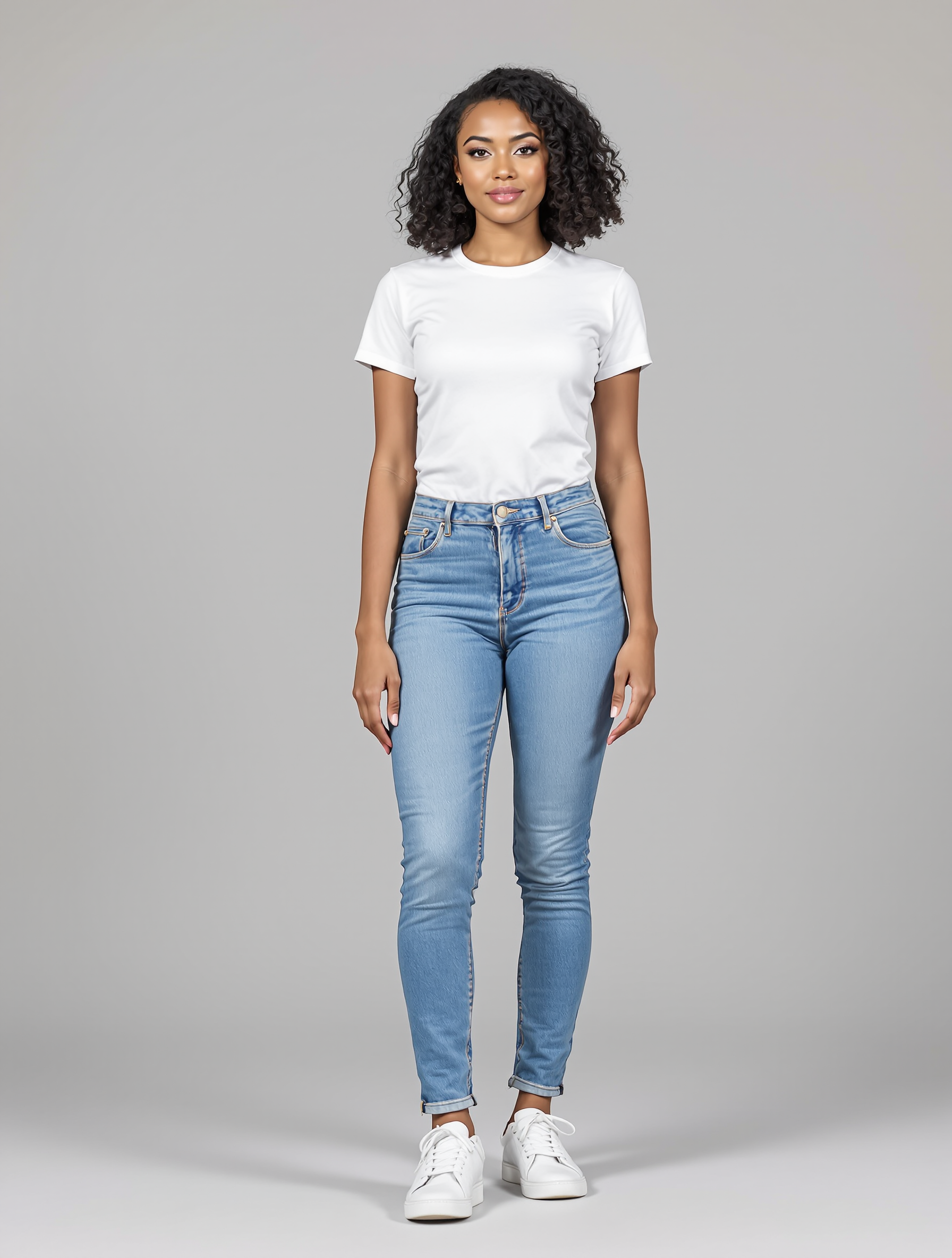 Woman in white t-shirt and light blue jeans with white sneakers