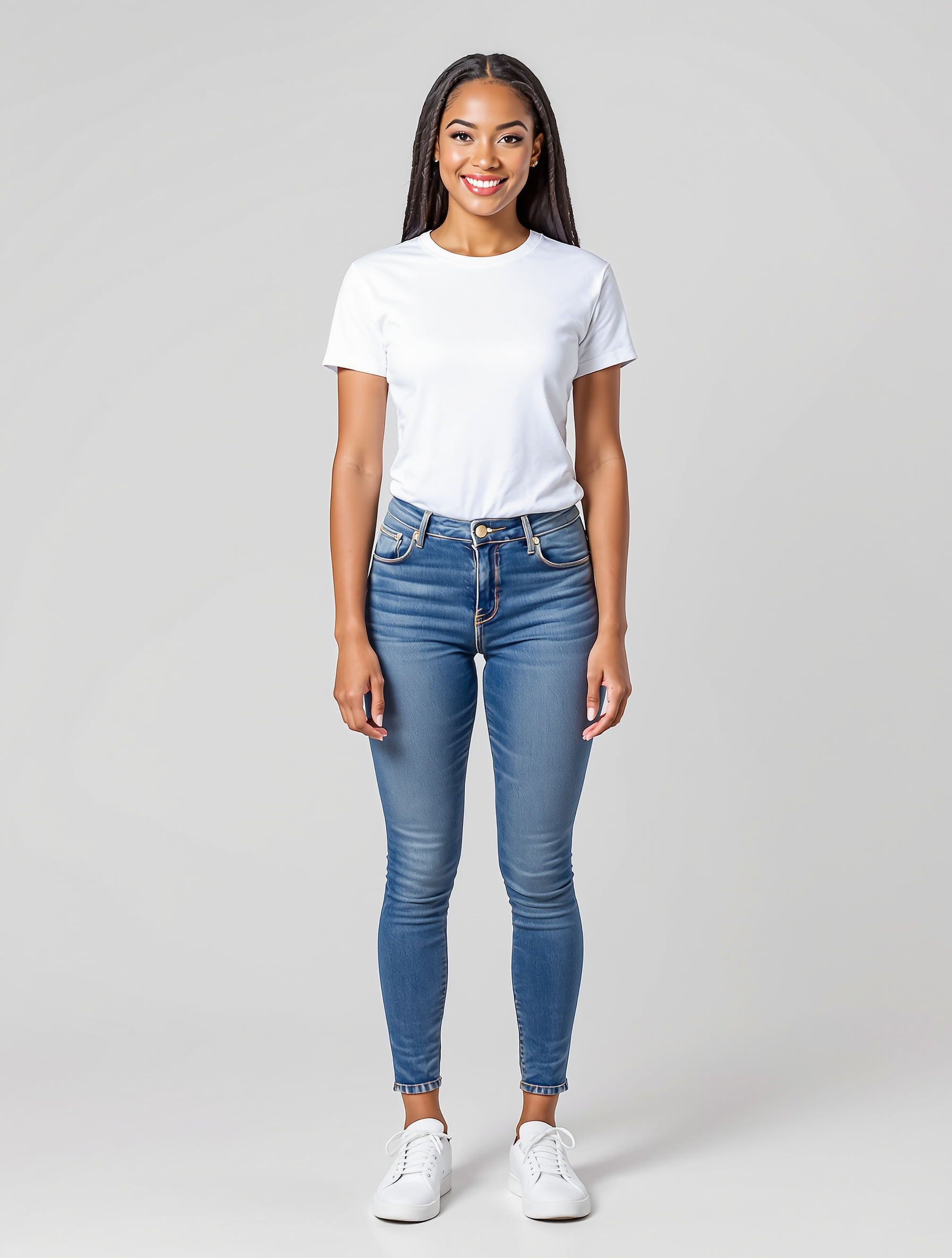 Woman in white t-shirt and blue skinny jeans with white sneakers
