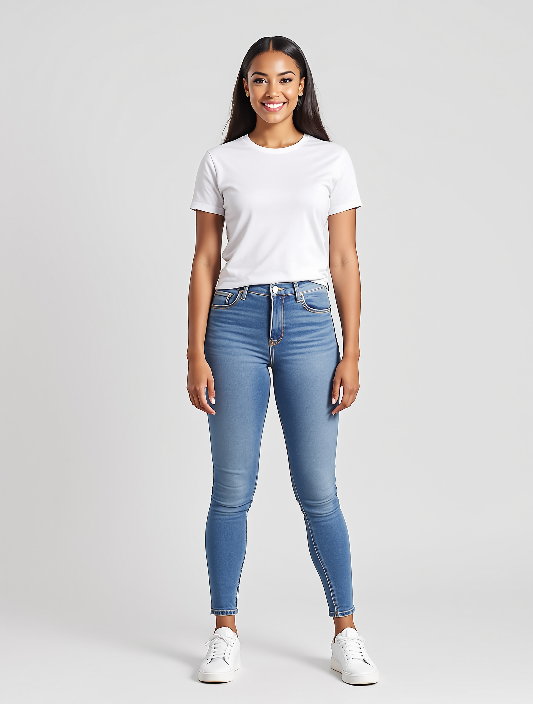 Woman in white t-shirt and blue skinny jeans with white sneakers