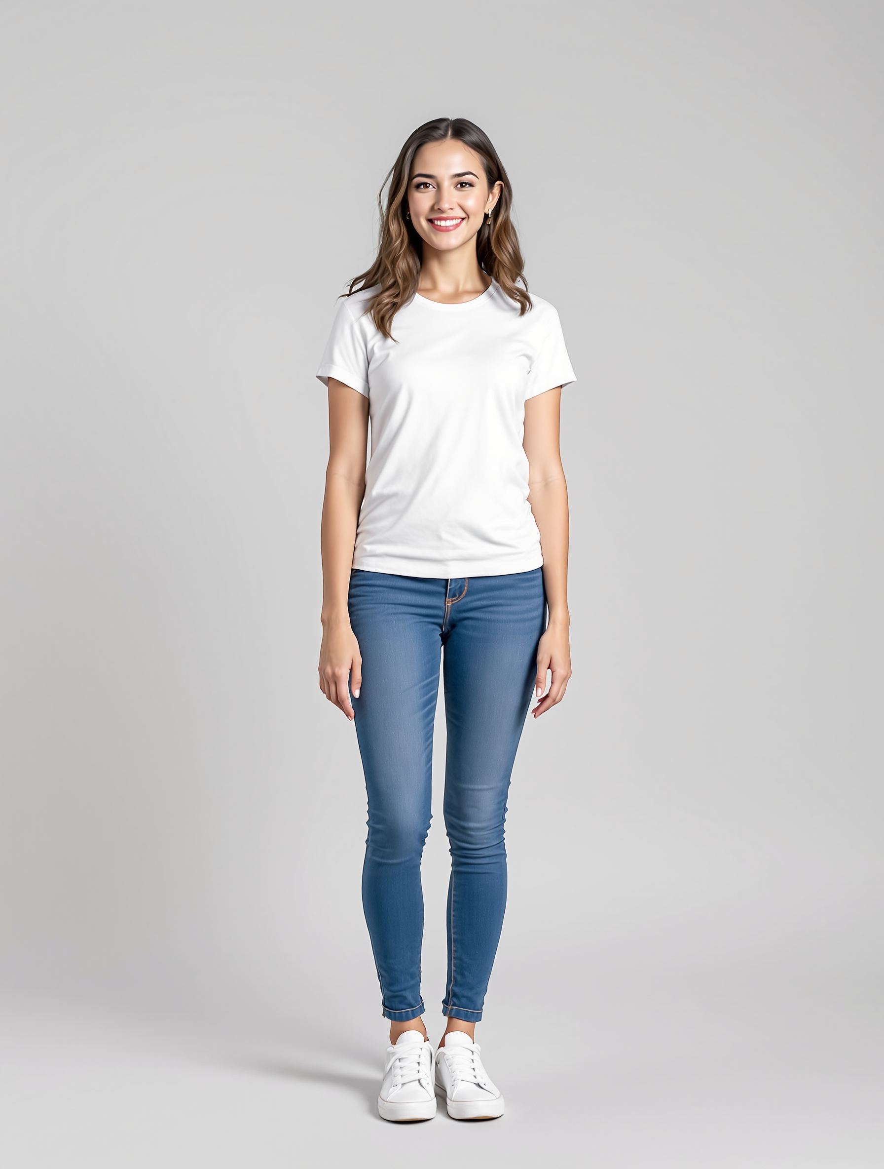 Woman in white t-shirt and blue jeans standing against gray background