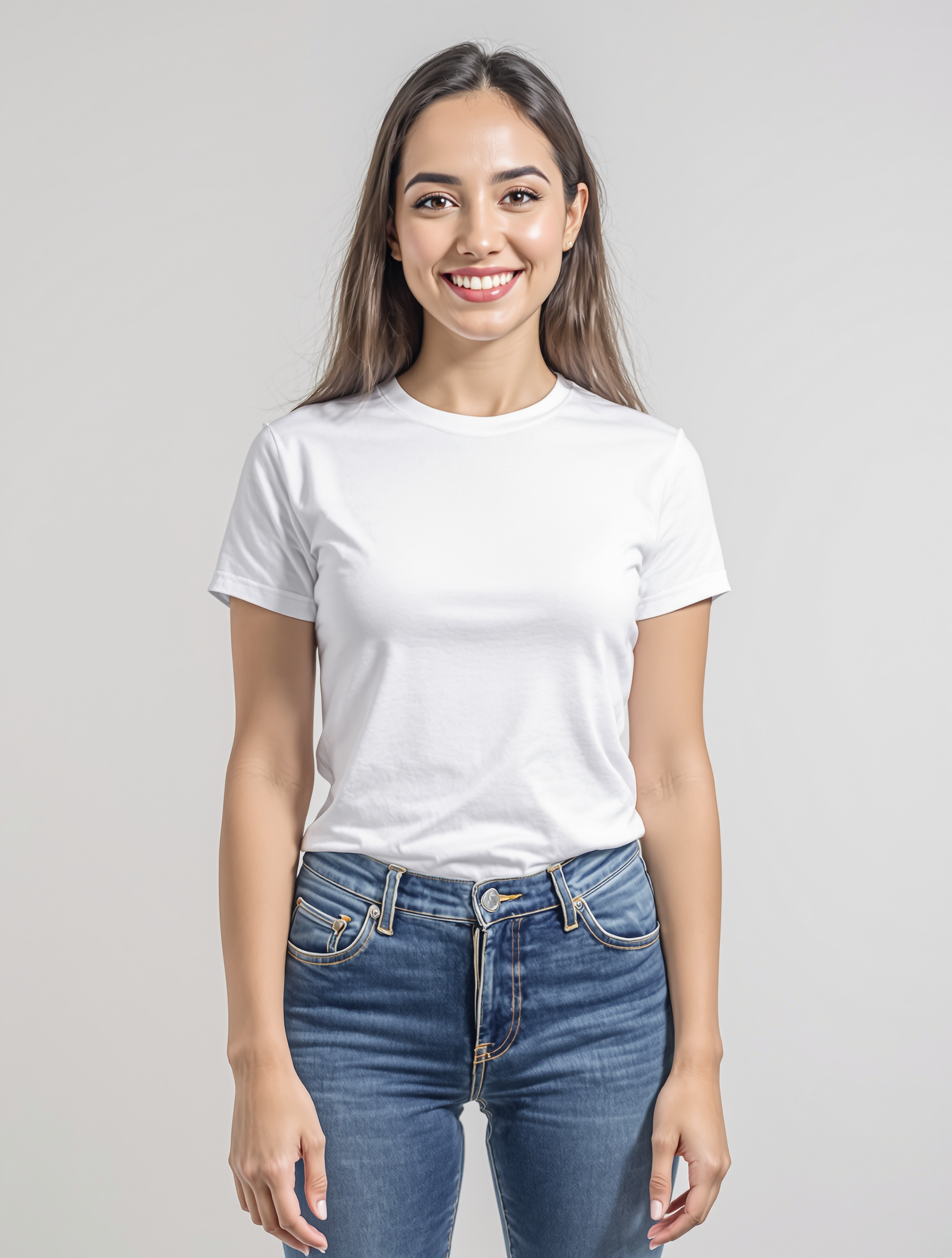 Person in white t-shirt and blue jeans smiling at camera