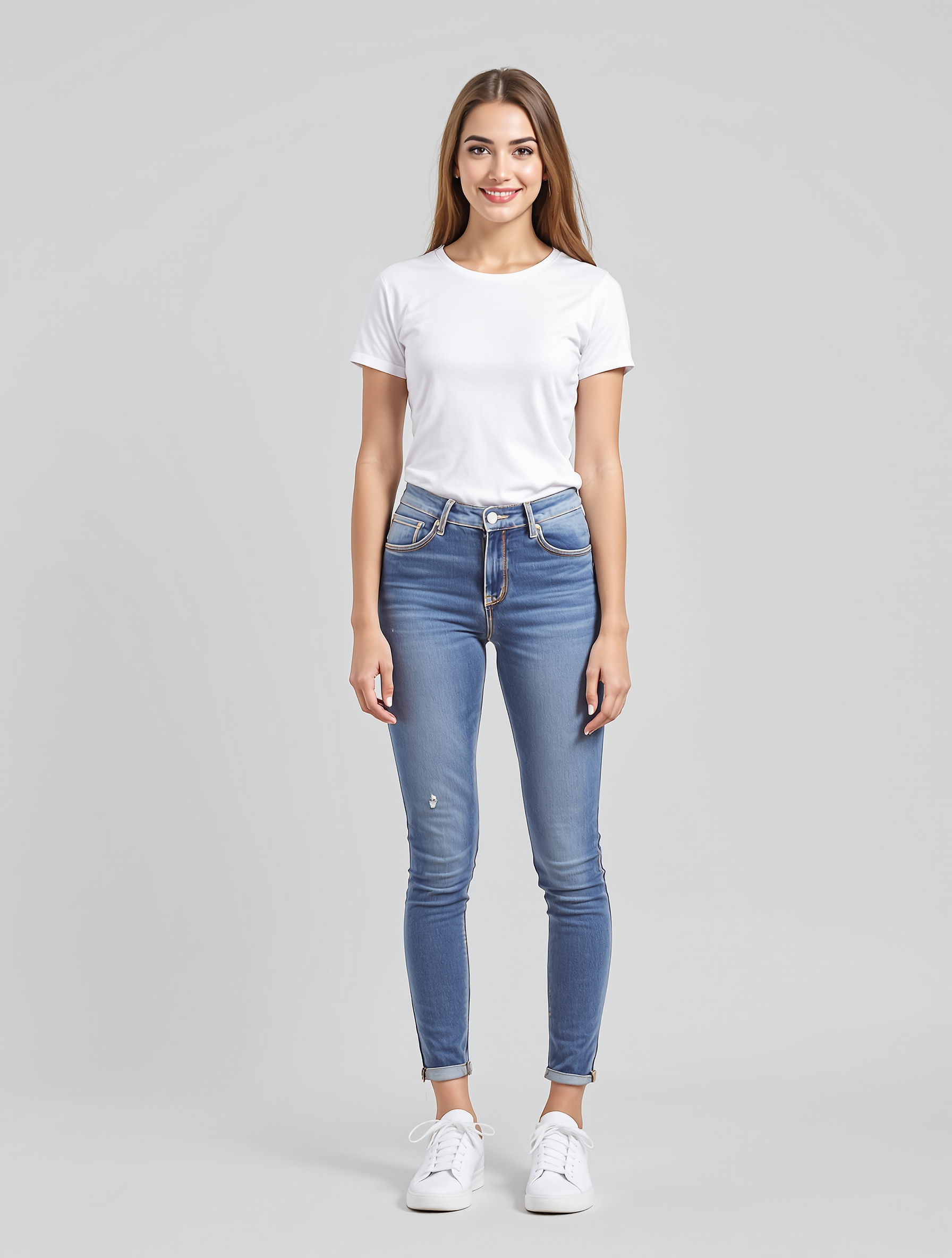 Woman in white t-shirt and rolled blue skinny jeans