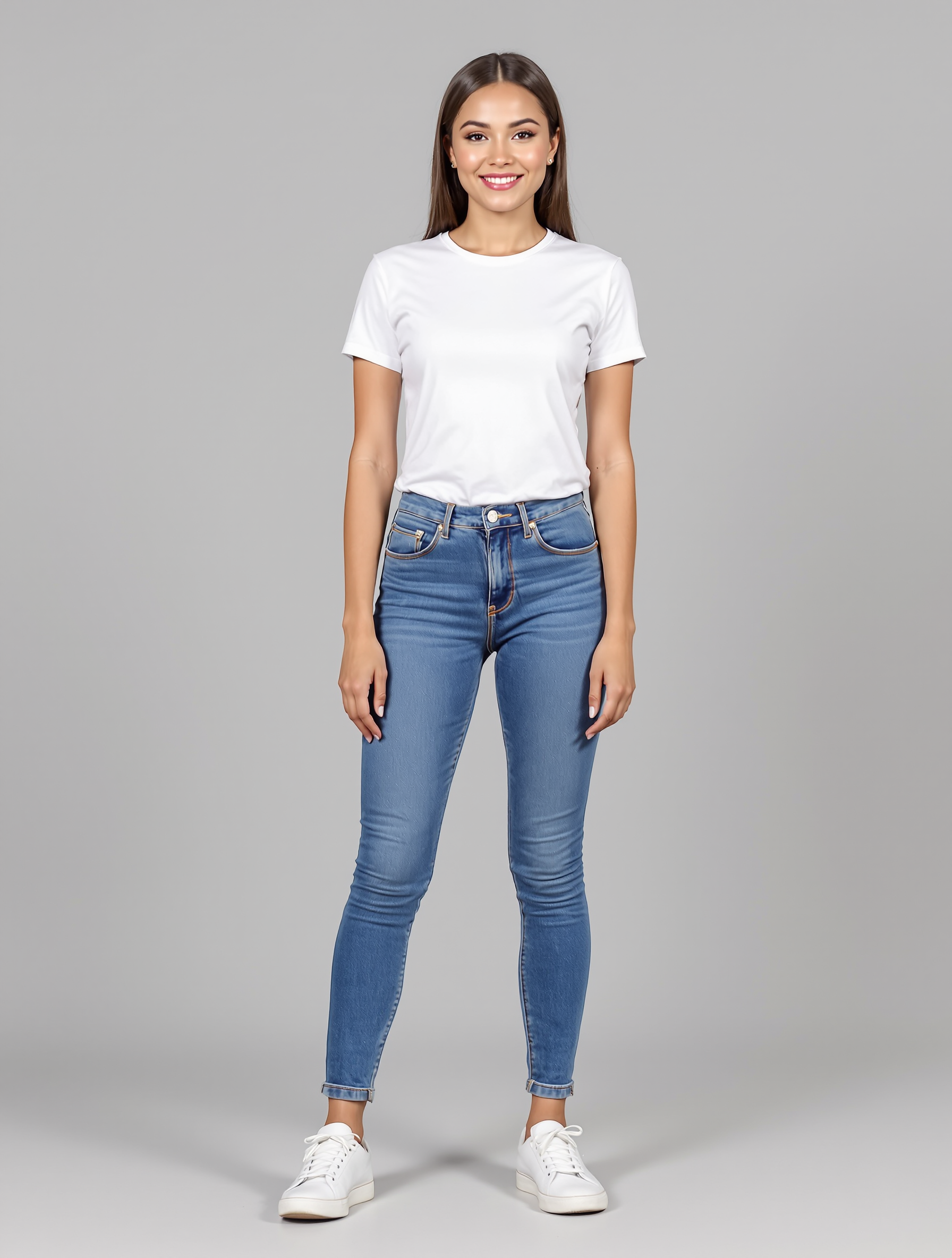 Woman in white tee and blue skinny jeans with white sneakers