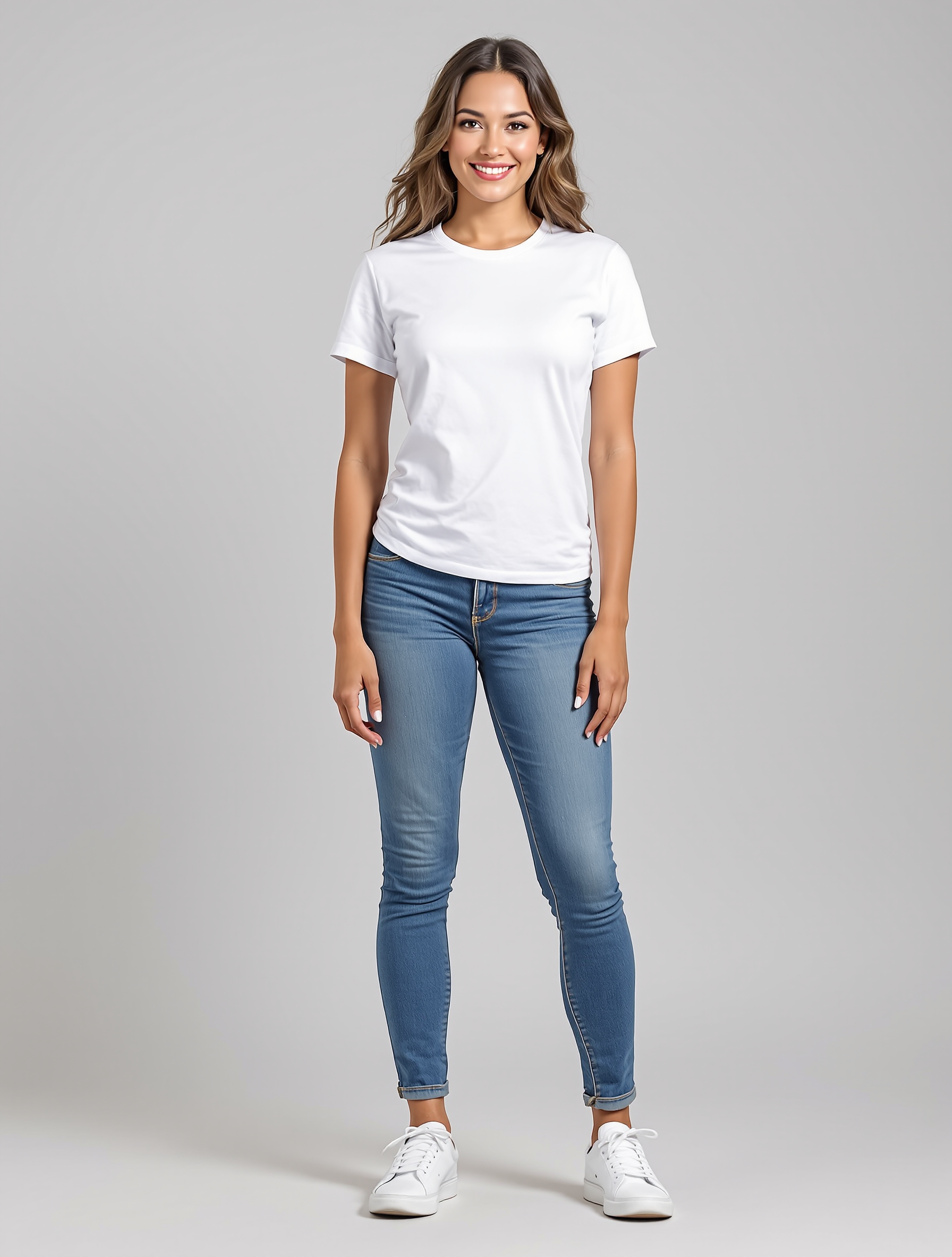 Woman in white t-shirt and blue skinny jeans with white sneakers