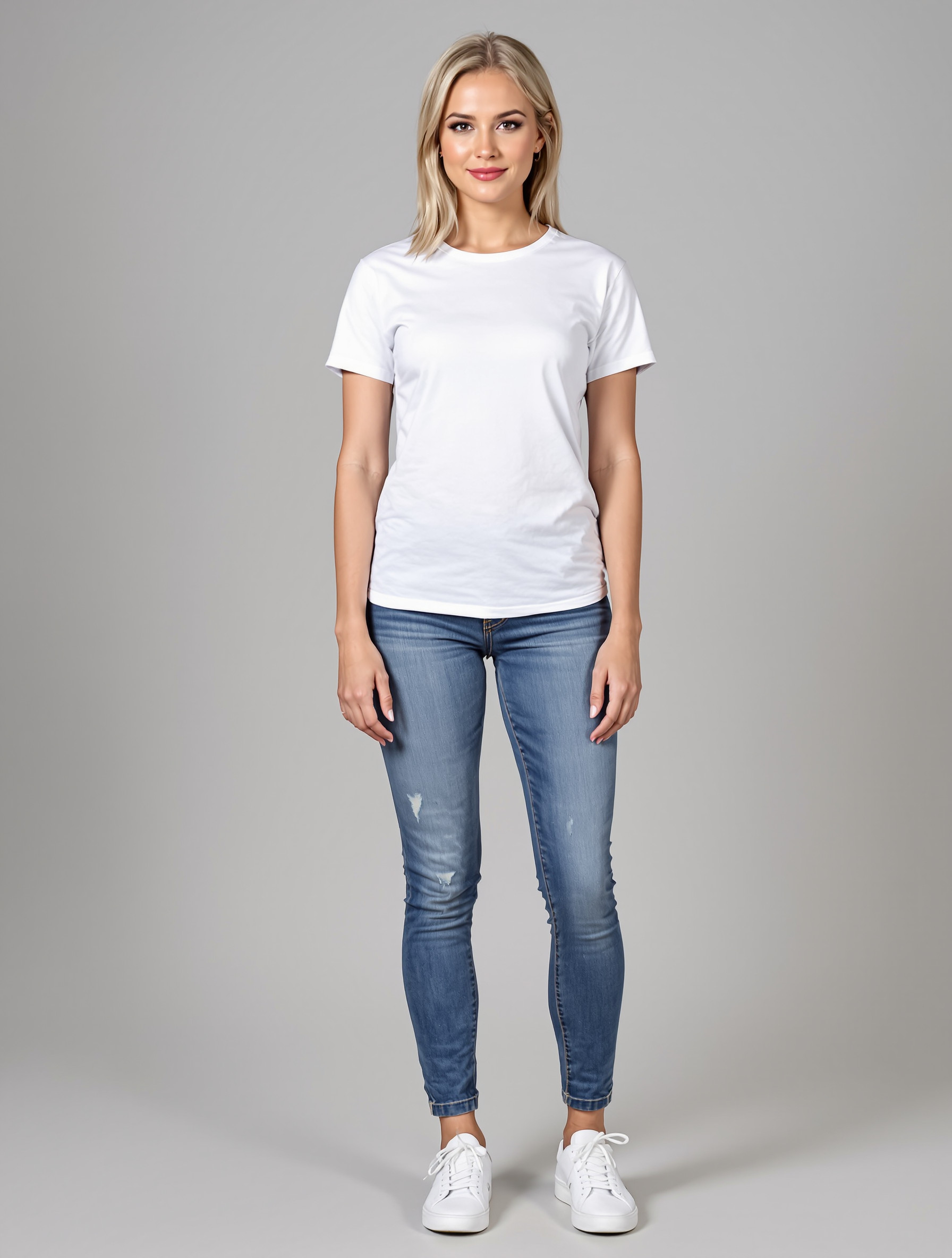 Woman in white t-shirt and distressed blue jeans standing against gray background