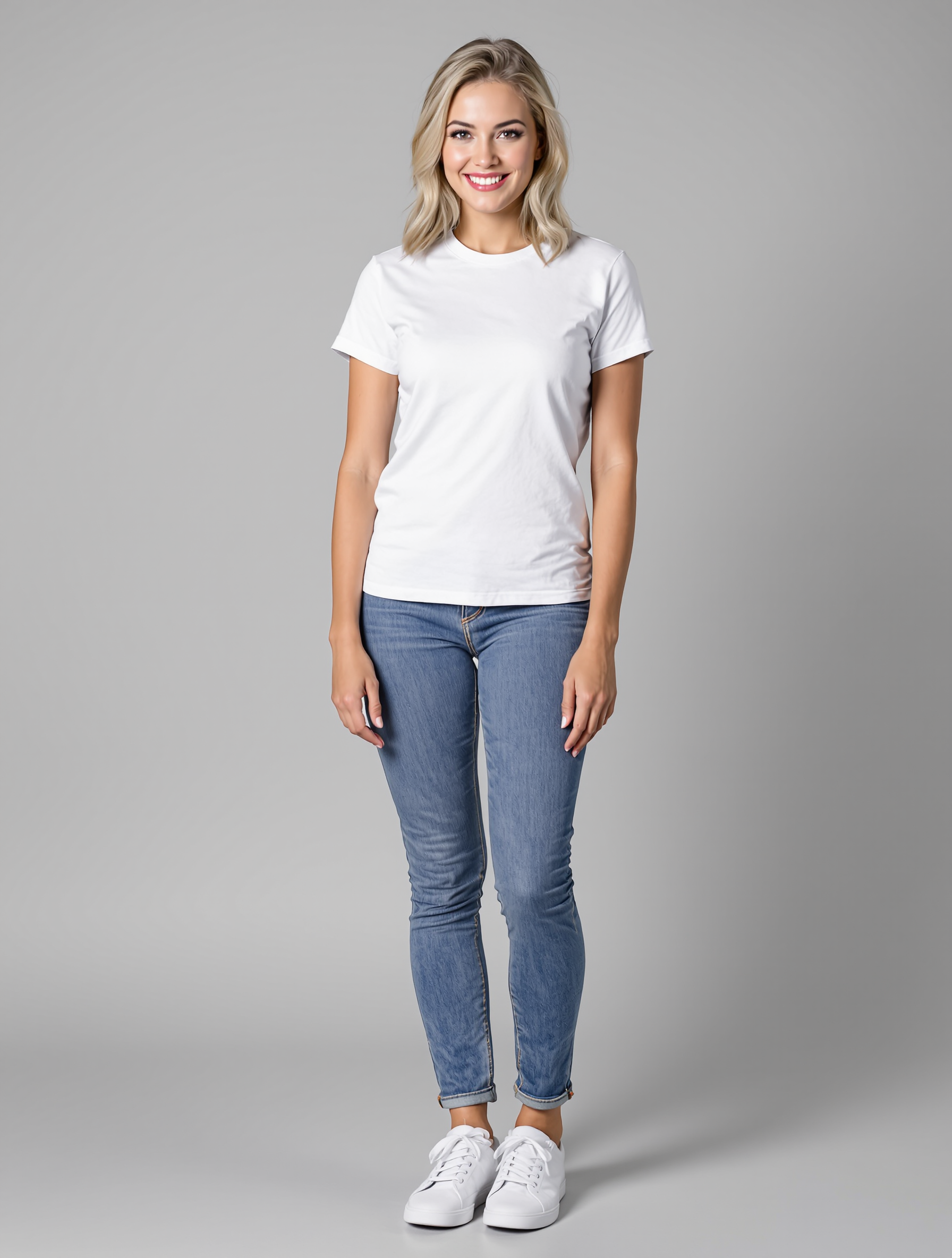 Blonde woman in white t-shirt and blue jeans with white sneakers