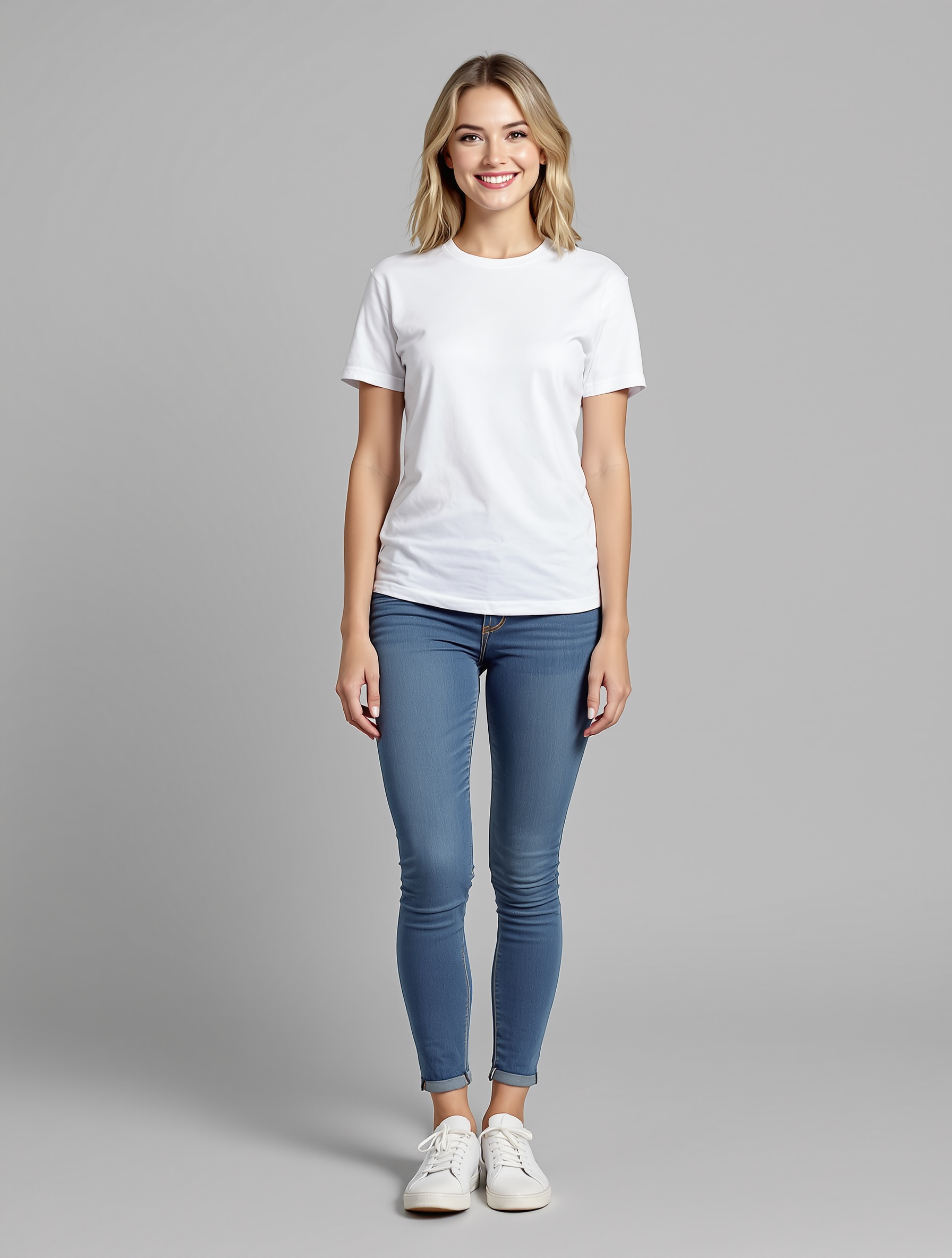 Woman in white t-shirt and blue jeans standing against gray background