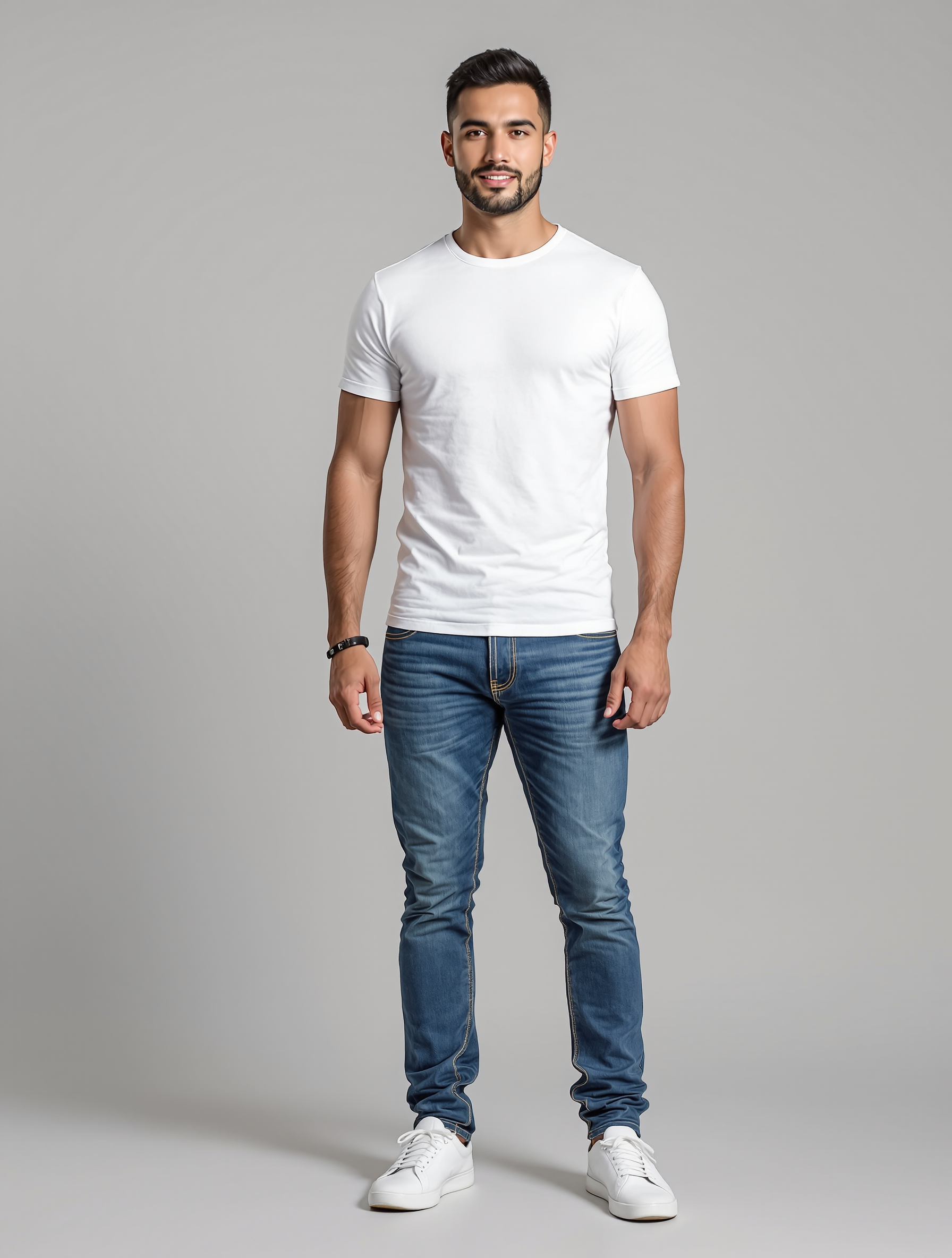 Man in white crew neck t-shirt and blue jeans standing portrait