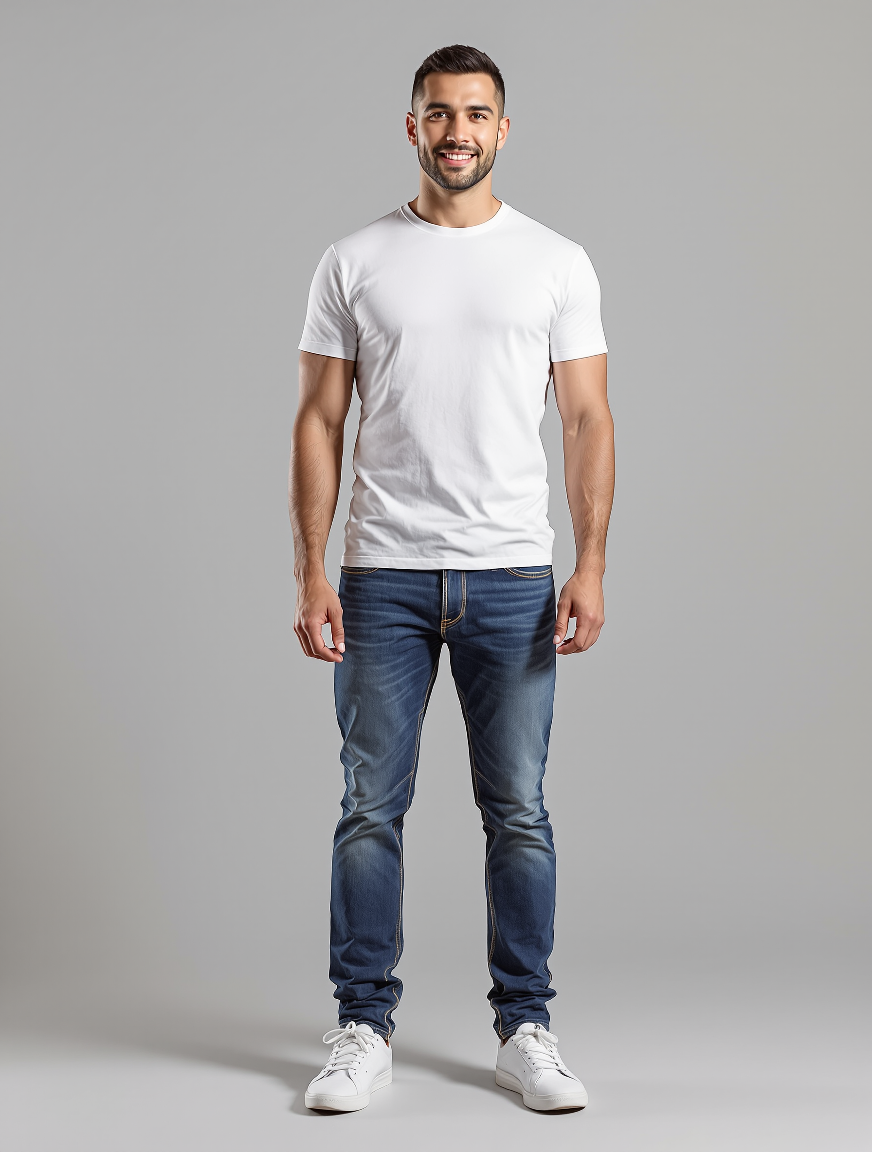 Man in white t-shirt and dark jeans with white sneakers