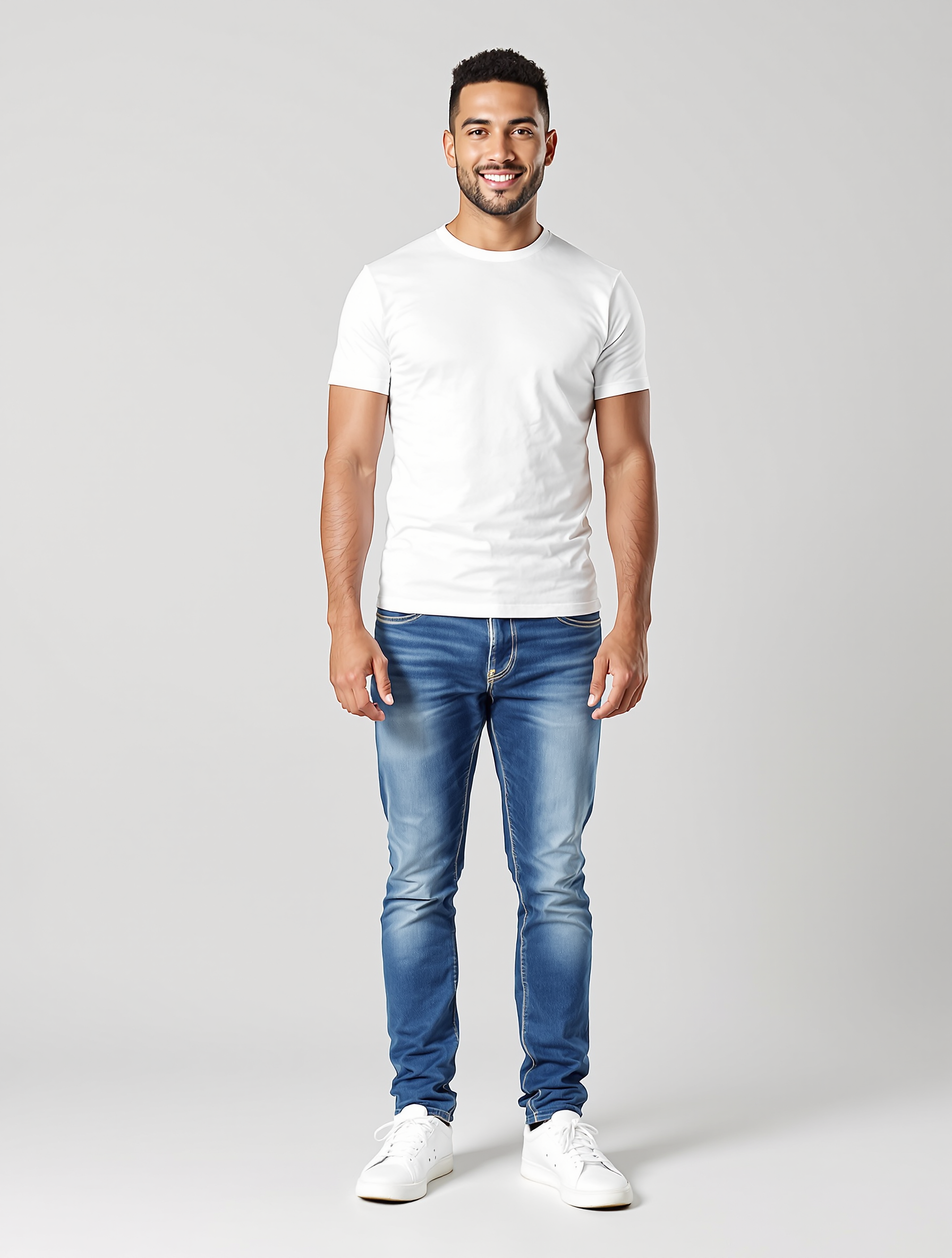 Man in white t-shirt and blue jeans standing against gray background