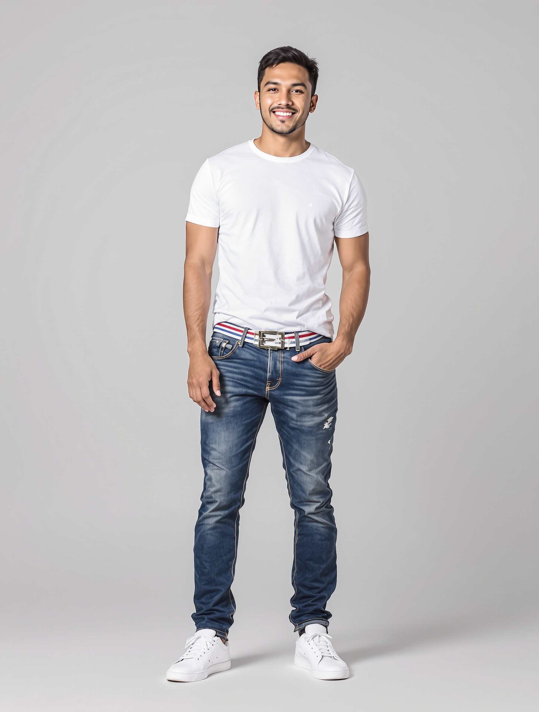 Man in white t-shirt and distressed dark jeans with striped belt