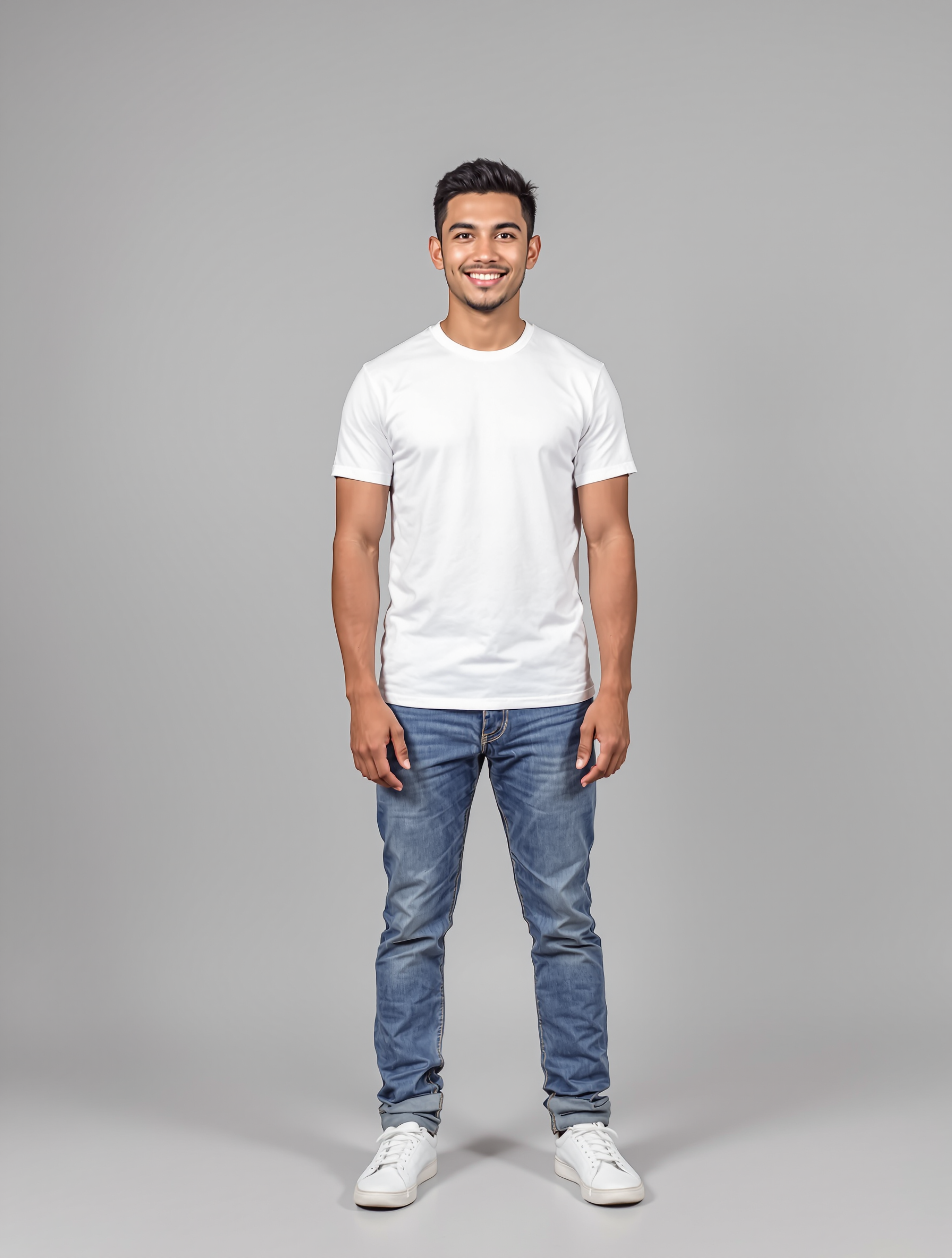 Man in white t-shirt and blue jeans smiling at camera